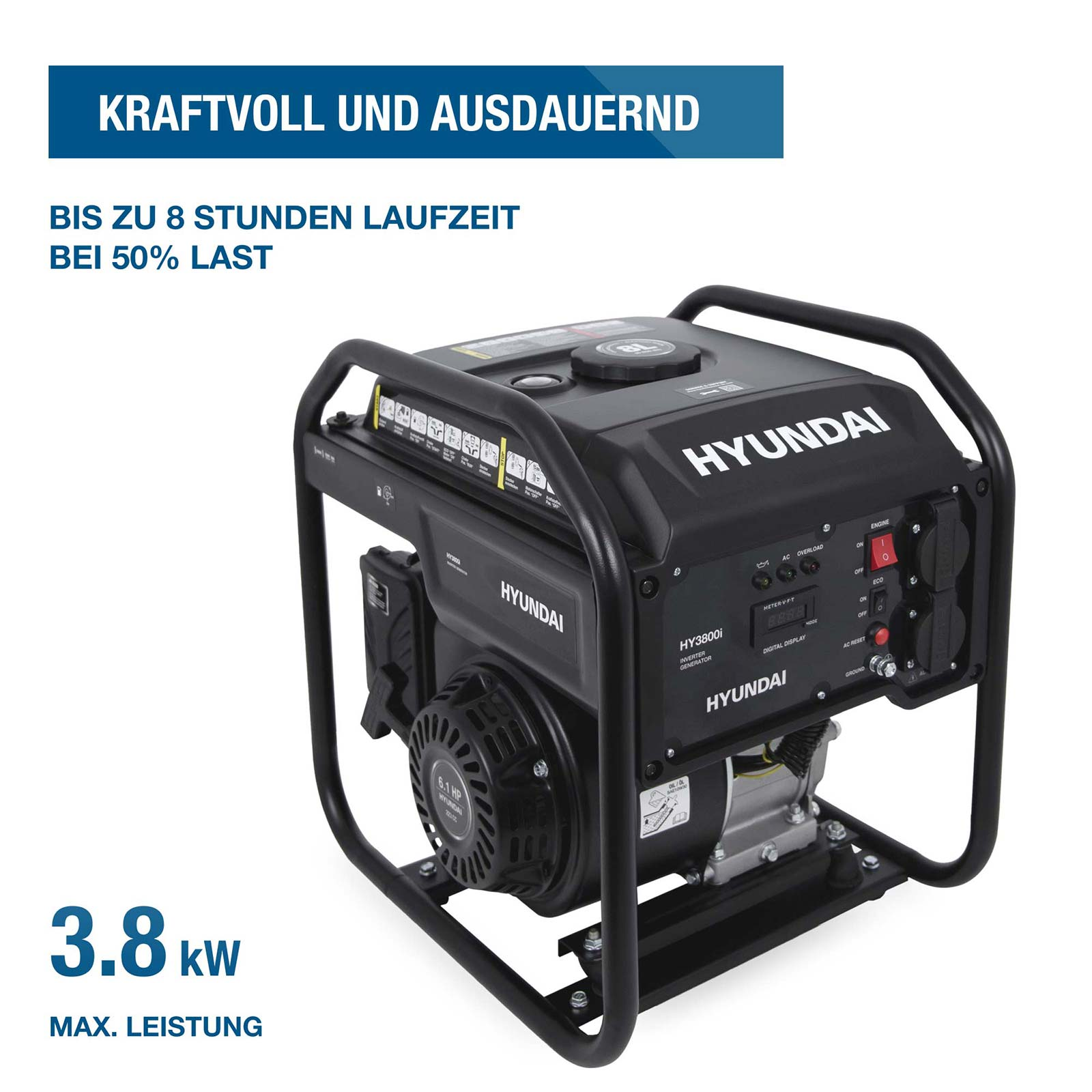Schwarzer Hyundai Inverter-Generator mit Metallrahmen und verschiedenen Bedienelementen.