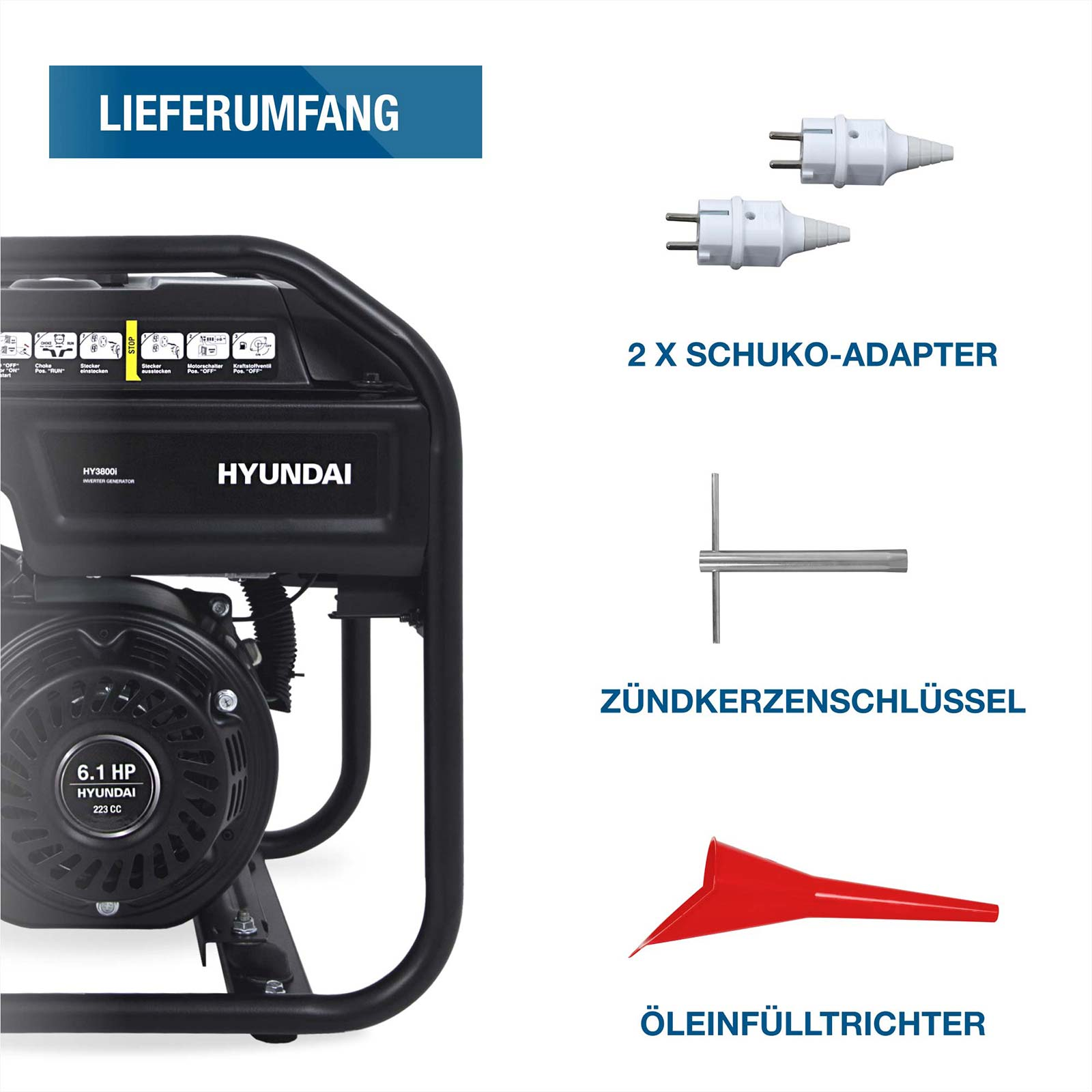 Lieferumfang eines Hyundai Generators mit zwei Adaptern, einem Zündkerzenschlüssel und einem Öleinfülltrichter.