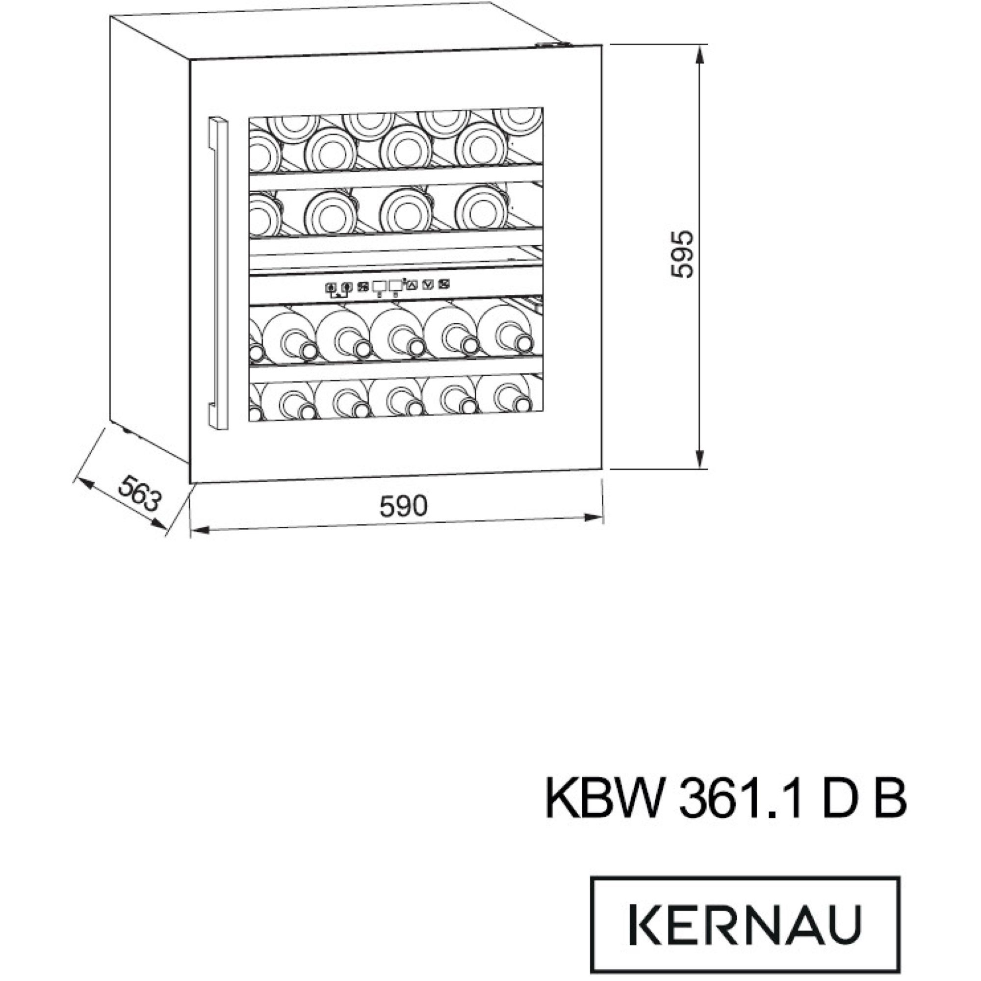 Rysunek techniczny chłodziarki do wina KBW 361.1 D B z wymiarami: wysokość 595, szerokość 590, głębokość 563.