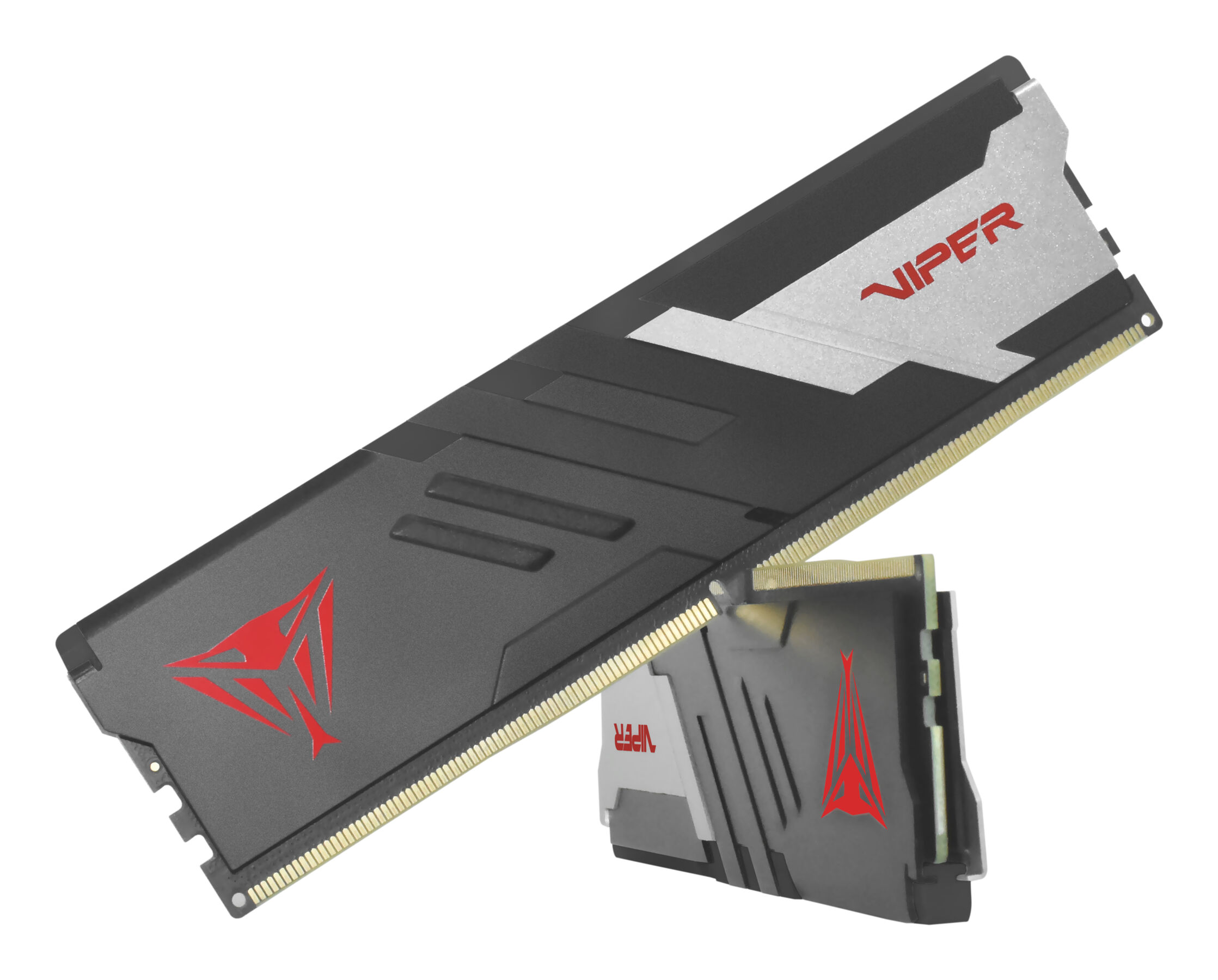 Dwa czarne moduły pamięci RAM z czerwonymi logo Viper i srebrnymi akcentami na białym tle.