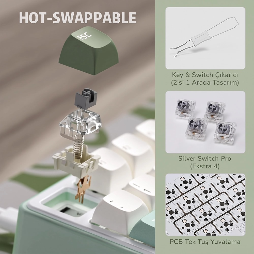 Klawiatura hot-swappable z unoszącym się klawiszem, przełącznikiem, narzędziem i gniazdem PCB.