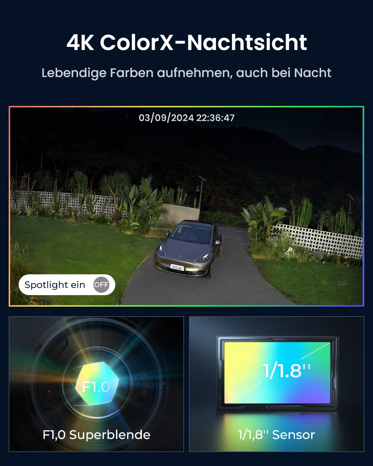 Pubblicità di telecamera con auto a colori di notte, apertura F1.0 e sensore da 1/1.8 pollici.