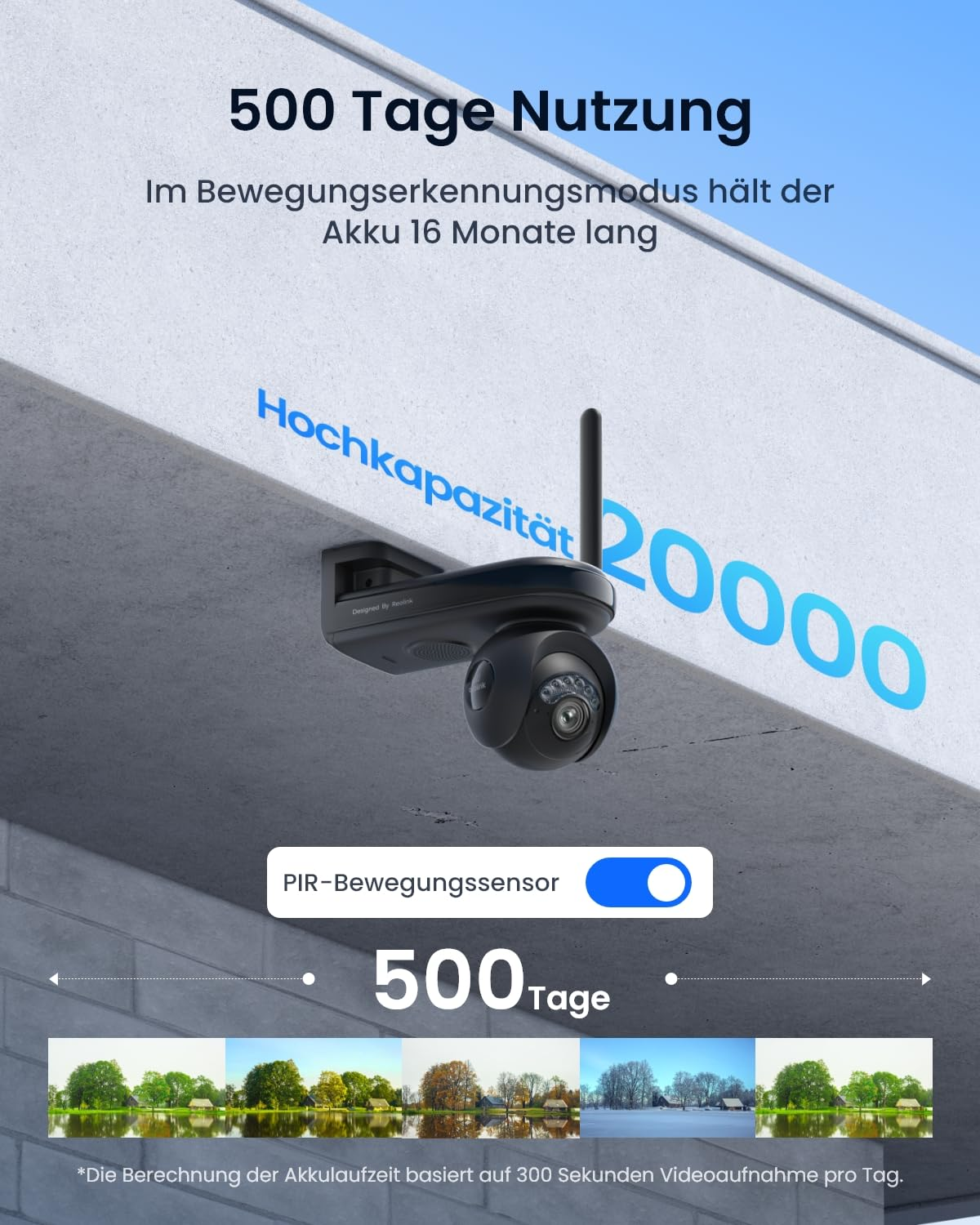 Una telecamera di sicurezza nera montata su una parete con testo promozionale in tedesco.