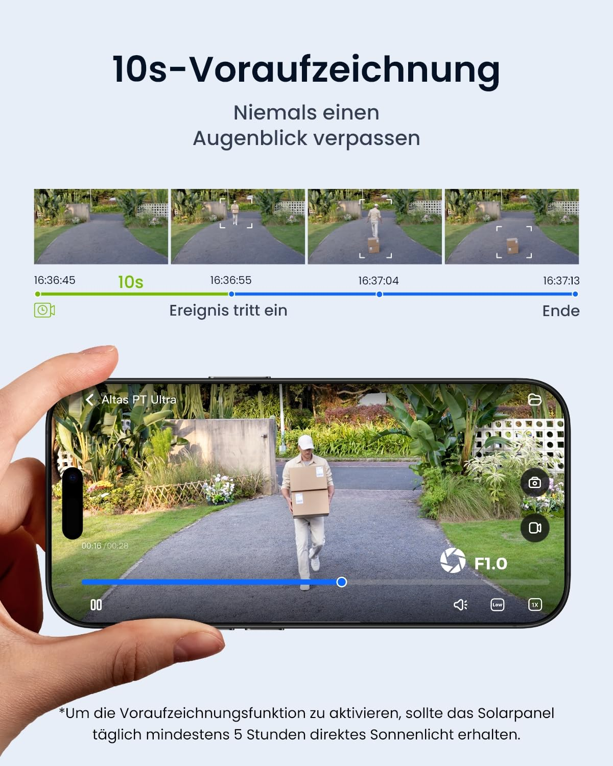 Smartphone mostra un'app di telecamera di sicurezza con pre-registrazione e un corriere.