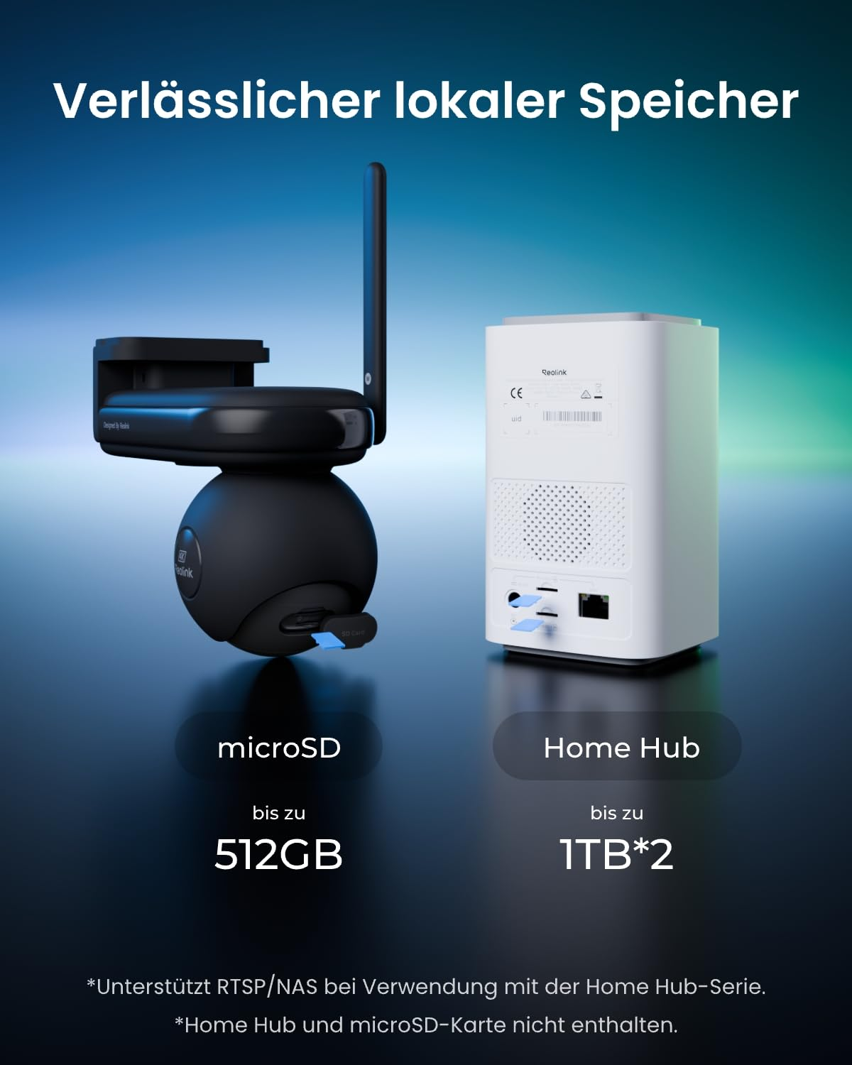 Telecamera di sicurezza nera accanto a un Home Hub bianco su sfondo blu-verde.