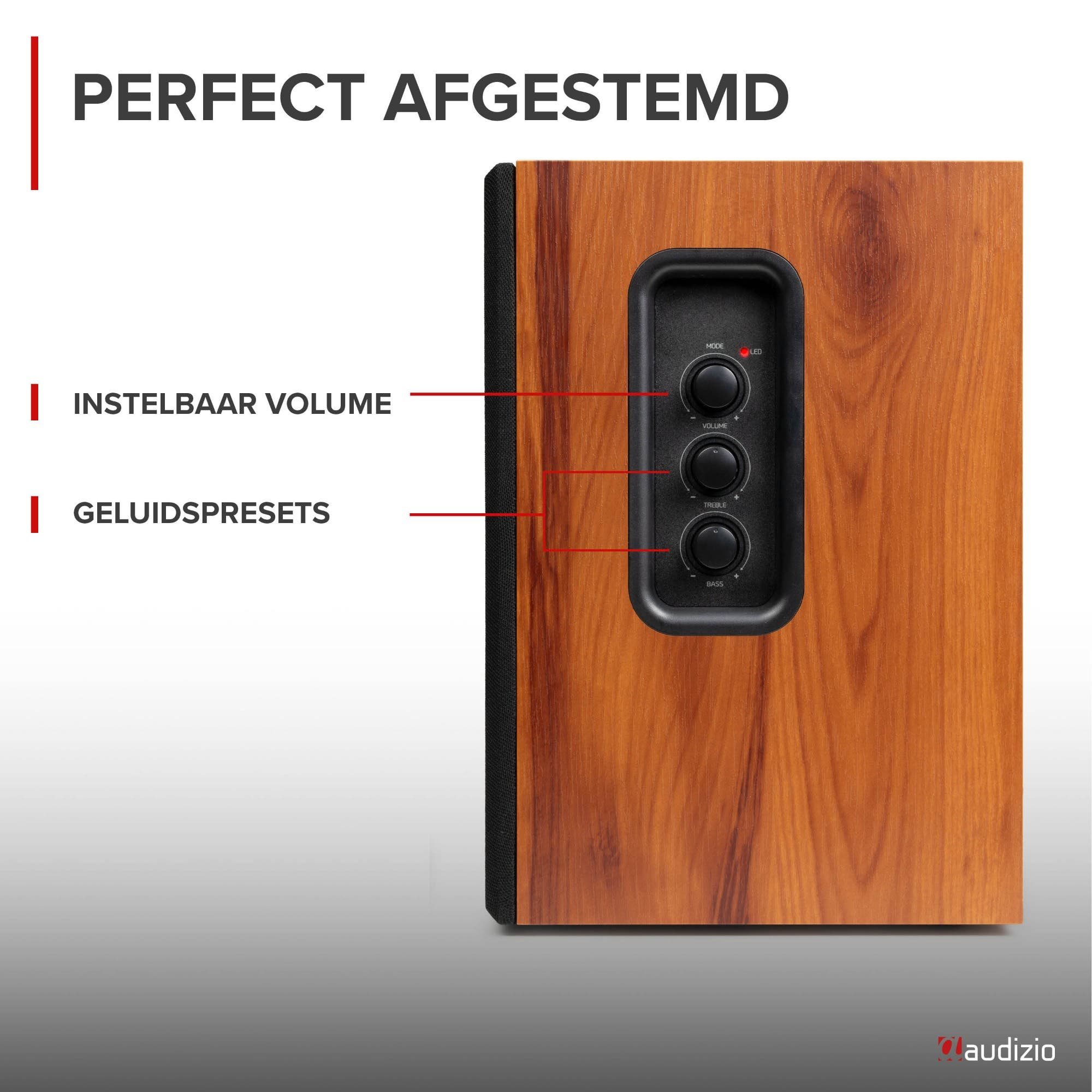 Panel de altavoz de madera con tres perillas de control negras para volumen, agudos y graves.