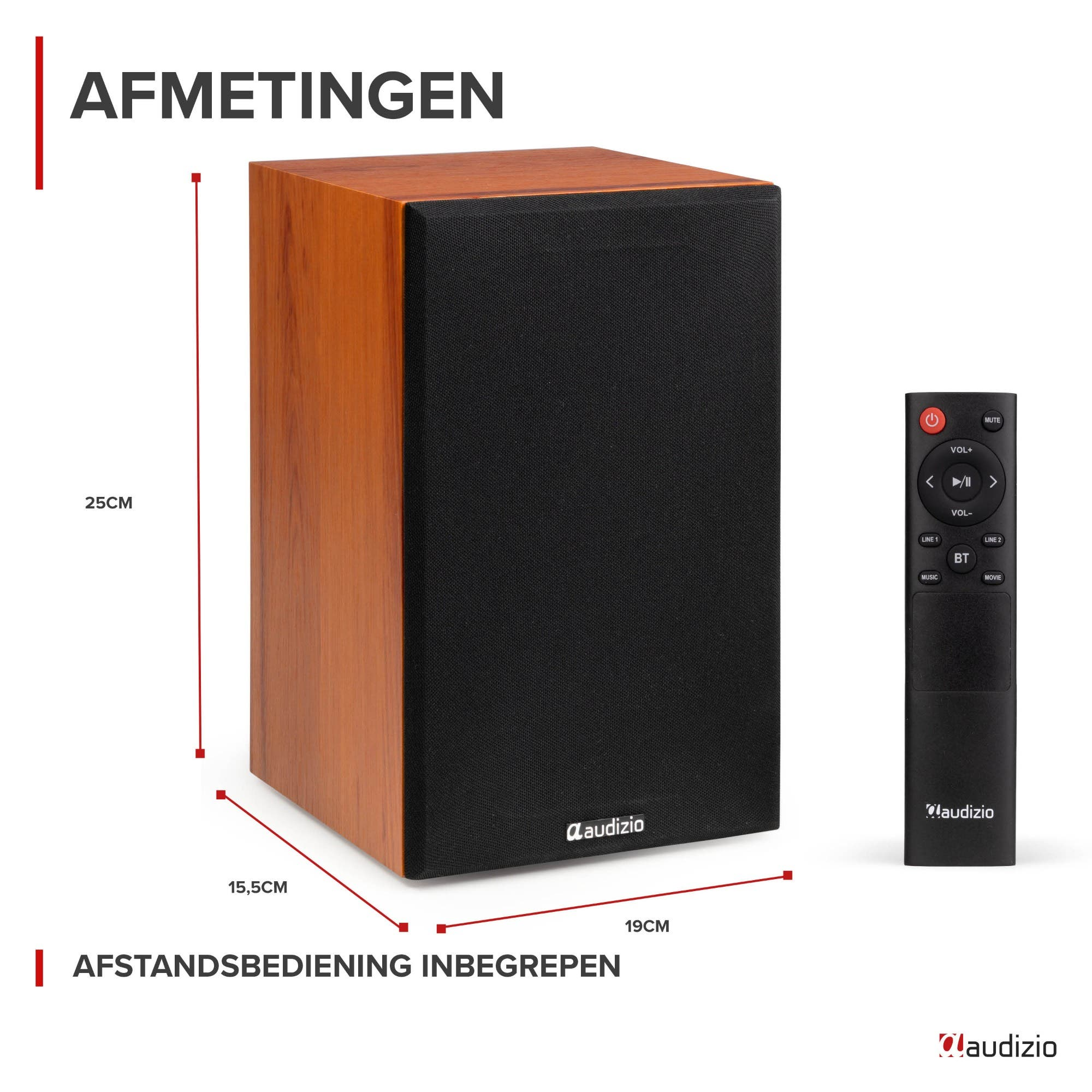 Altavoz Audizio de madera con rejilla negra y control remoto, mostrando dimensiones y texto en holandés.