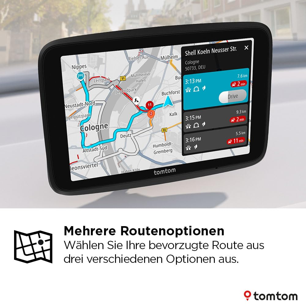 Un dispositivo di navigazione TomTom mostra una mappa di Colonia con più opzioni di percorso.