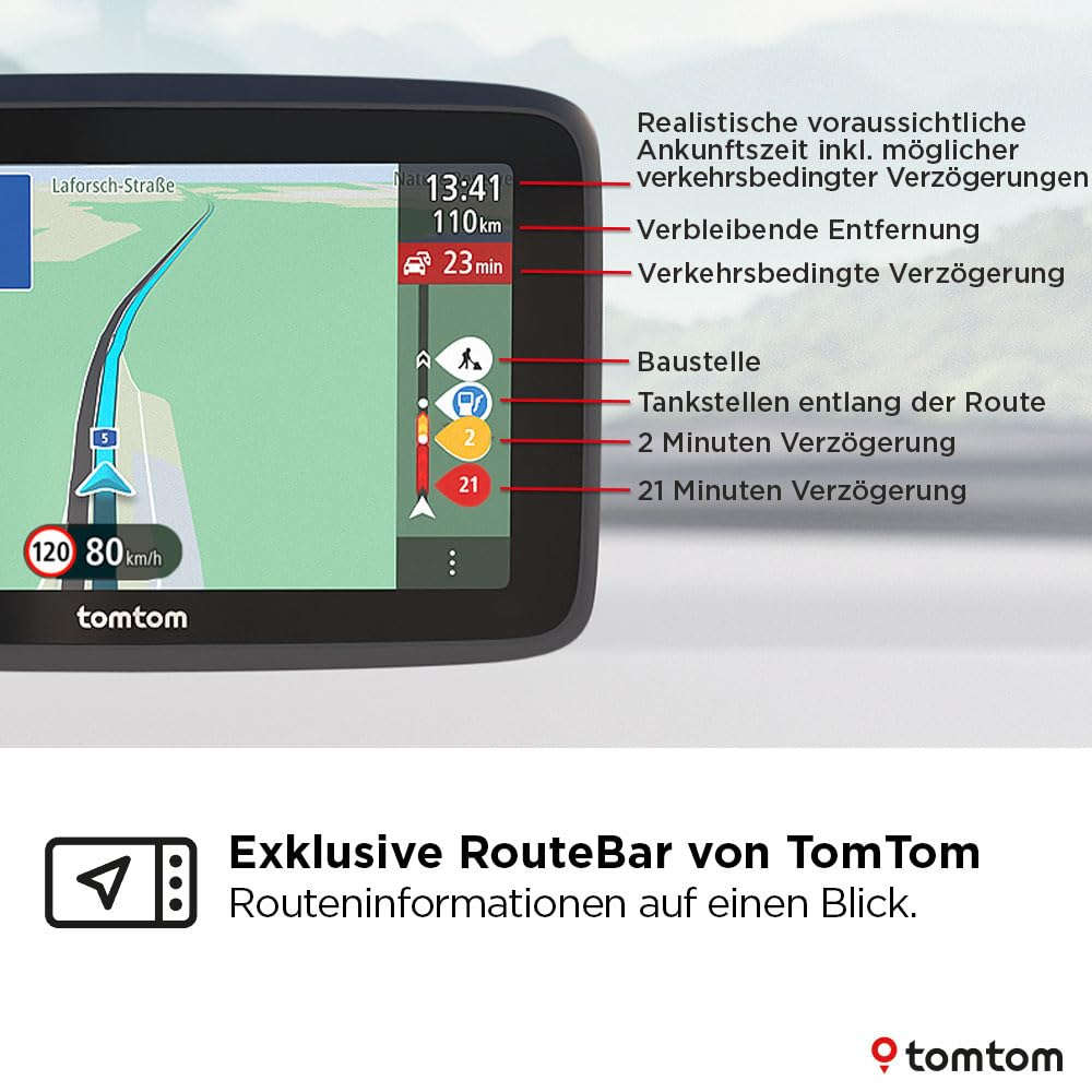 Un navigatore TomTom mostra una barra di percorso con informazioni sul traffico e ritardi.