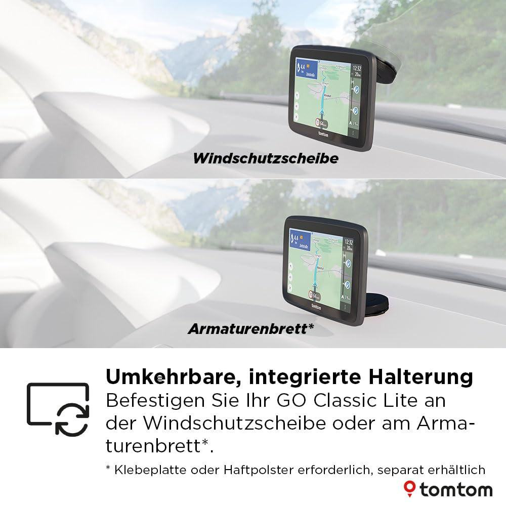 Dispositivo di navigazione TomTom montato sul parabrezza o sul cruscotto dell'auto.