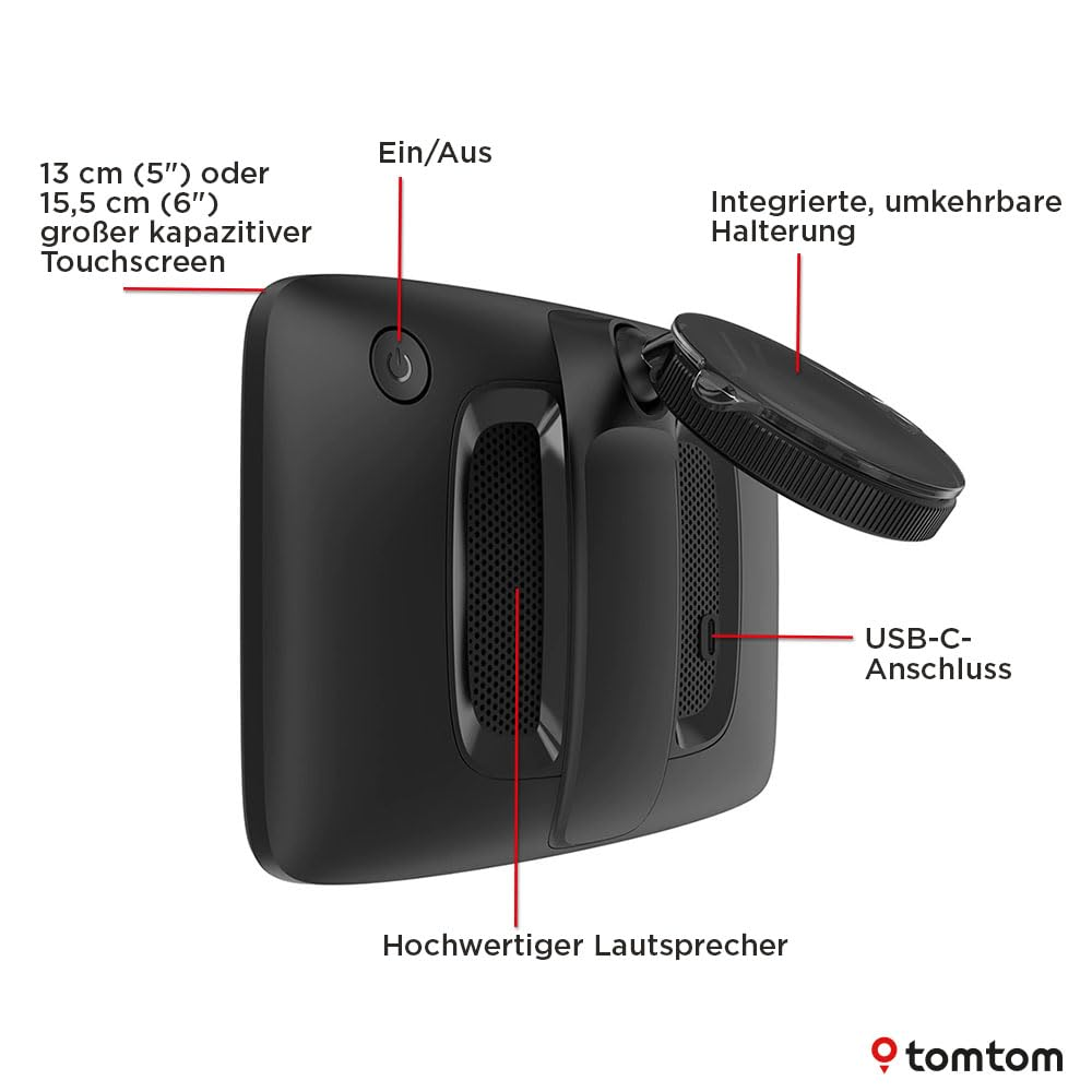 Schema di un navigatore TomTom con etichette per schermo, pulsante di accensione, supporto e porta USB.