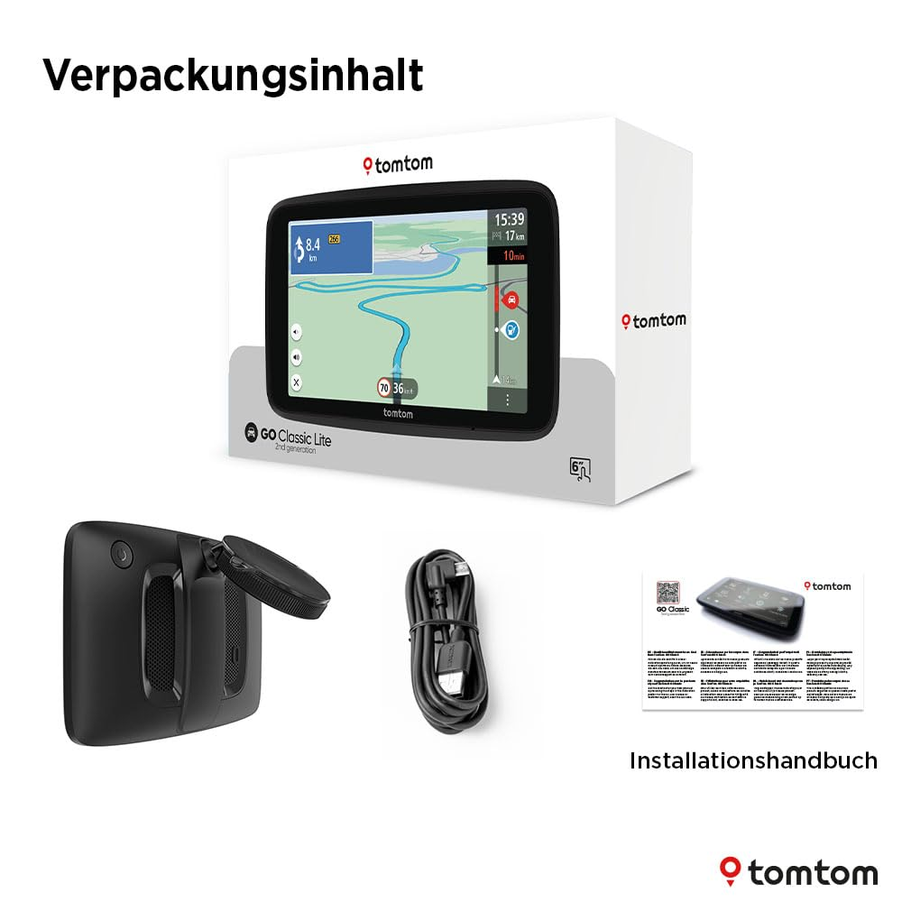 Contenuto della confezione TomTom GO Classic Lite con navigatore, supporto, cavo USB e manuale su sfondo bianco.