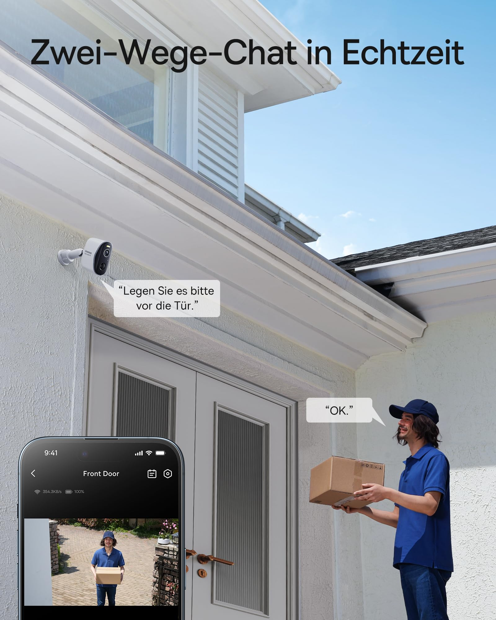 Un corriere con un pacco e una telecamera di sicurezza su una casa, con vista da smartphone.