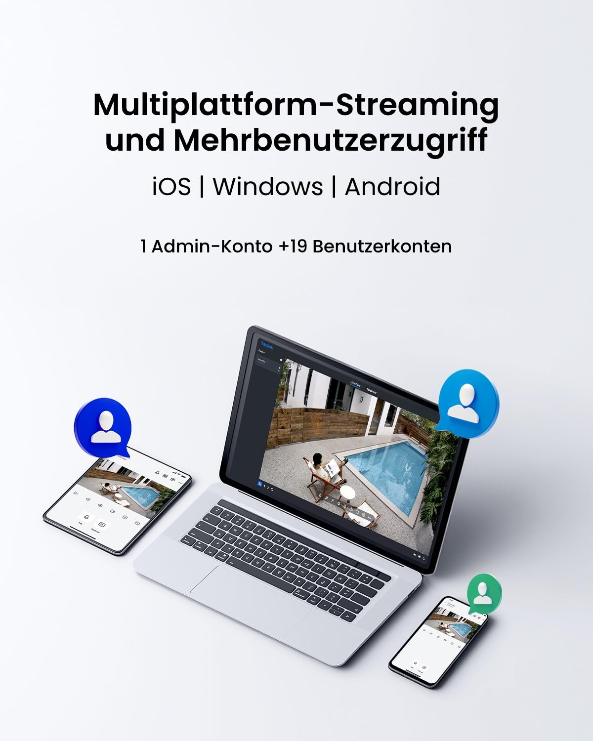 Laptop, tablet e smartphone mostrano la vista in diretta di una telecamera su una piscina.