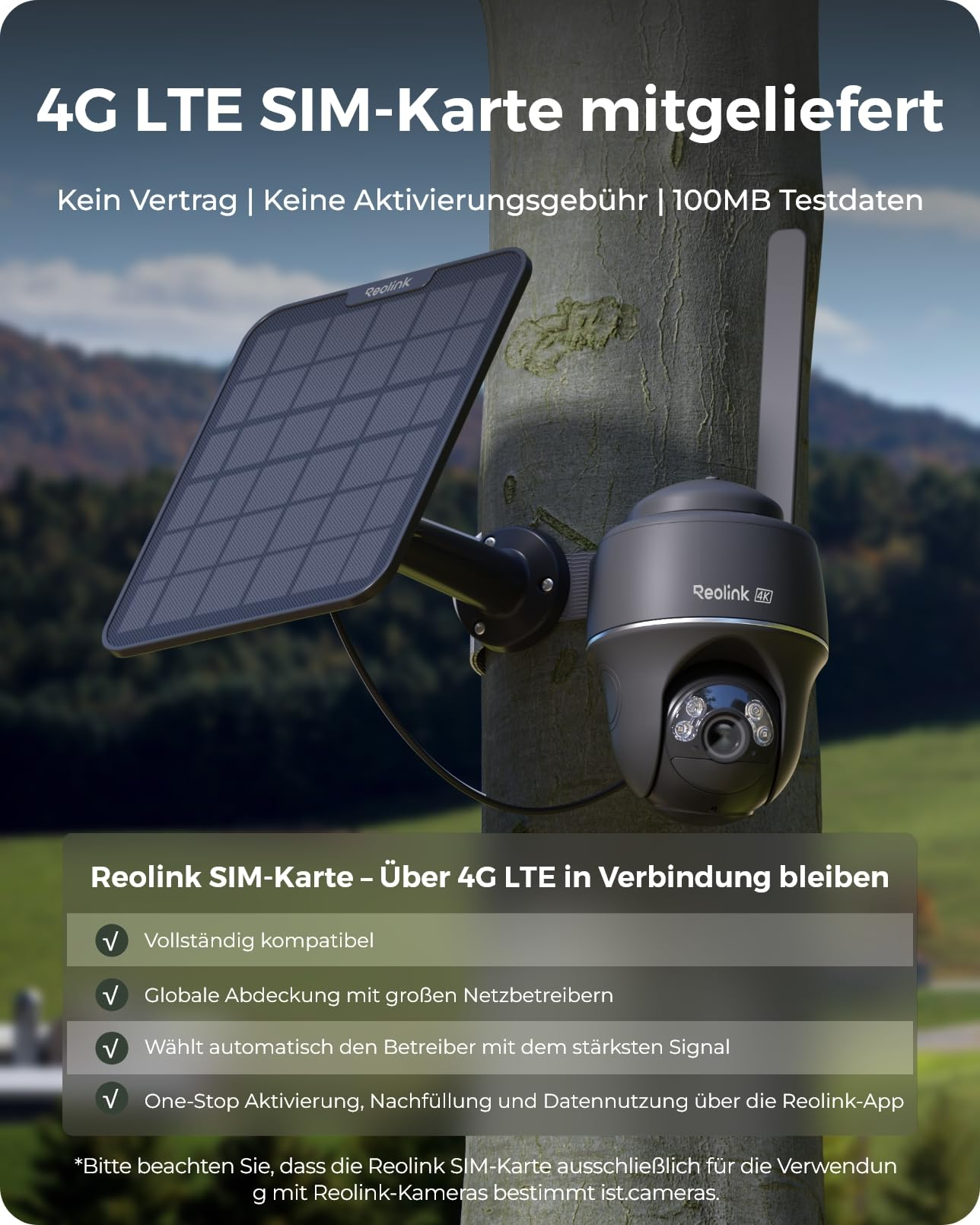 Telecamera di sicurezza con pannello solare su un albero, con testo SIM.