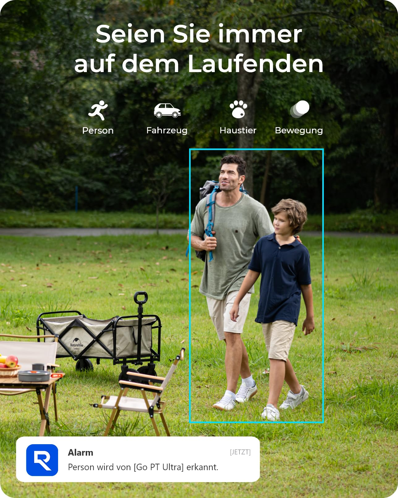 Un uomo e un bambino camminano in un parco, con icone e testo.