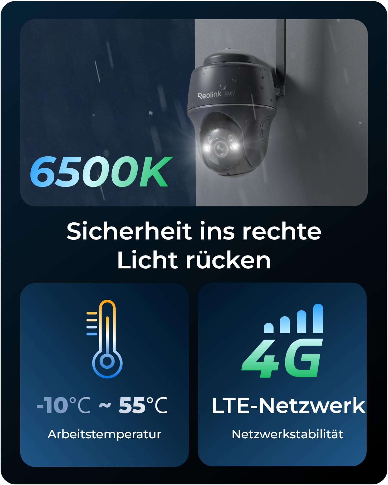 Telecamera di sicurezza Reolink 4K con luce, -10°C a 55°C, rete 4G.