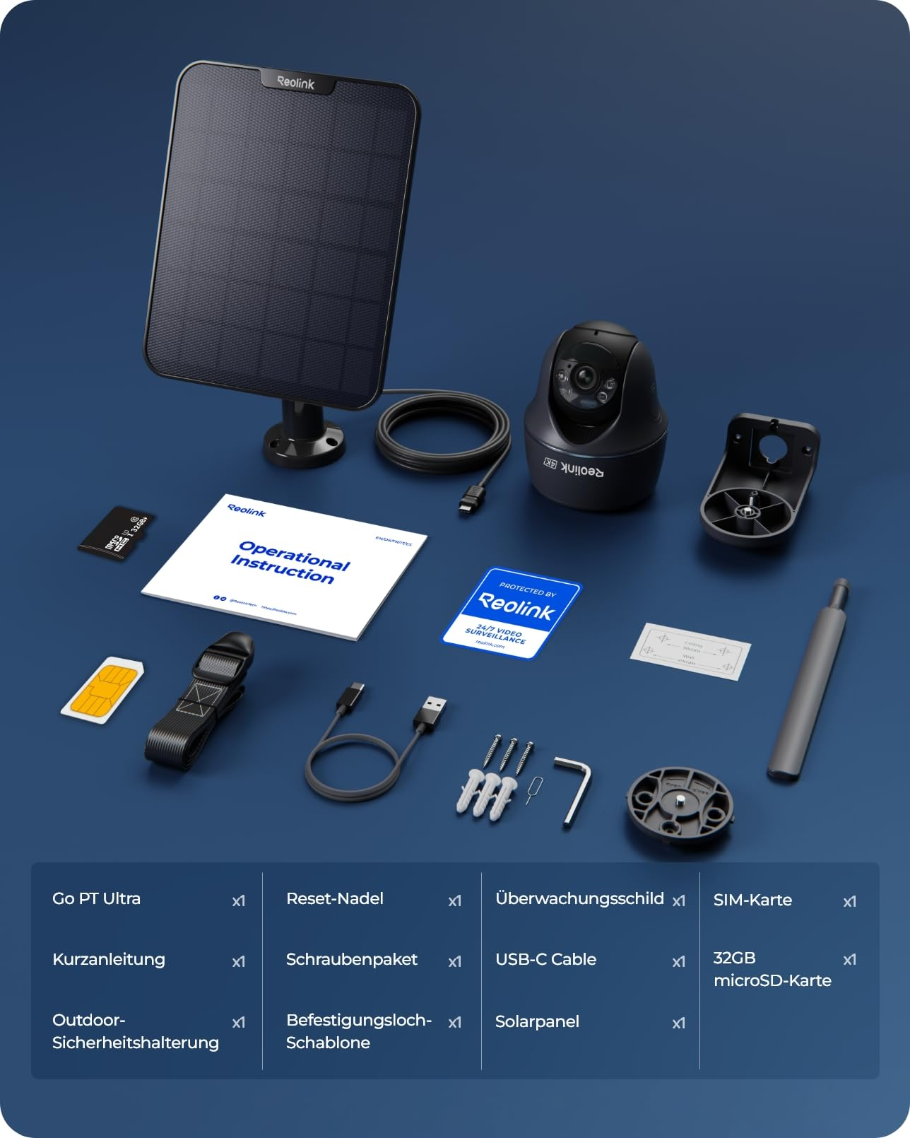 Telecamera di sicurezza con pannello solare, cavi, supporti, scheda SIM, scheda microSD e manuale di istruzioni.