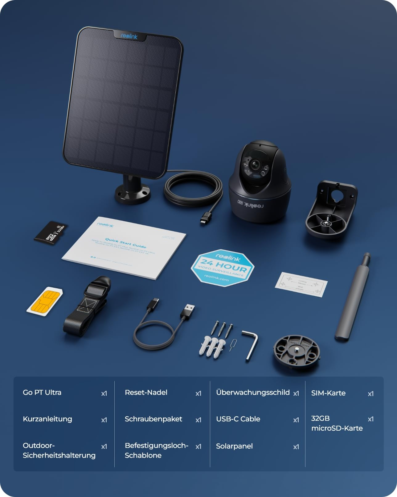 Kit telecamera di sicurezza con pannello solare, supporto, cavi, scheda SIM, scheda SD e manuale su sfondo blu.