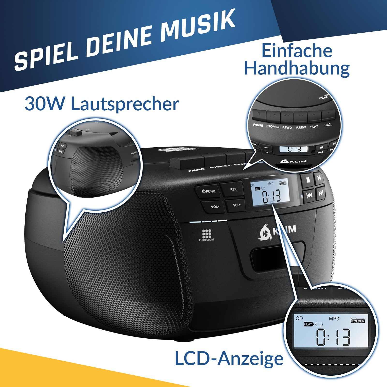 Ein schwarzer Ghettoblaster mit 30W Lautsprechern, LCD-Display und Zoom-Ansichten der Tasten, Lautsprecher und Anzeige.