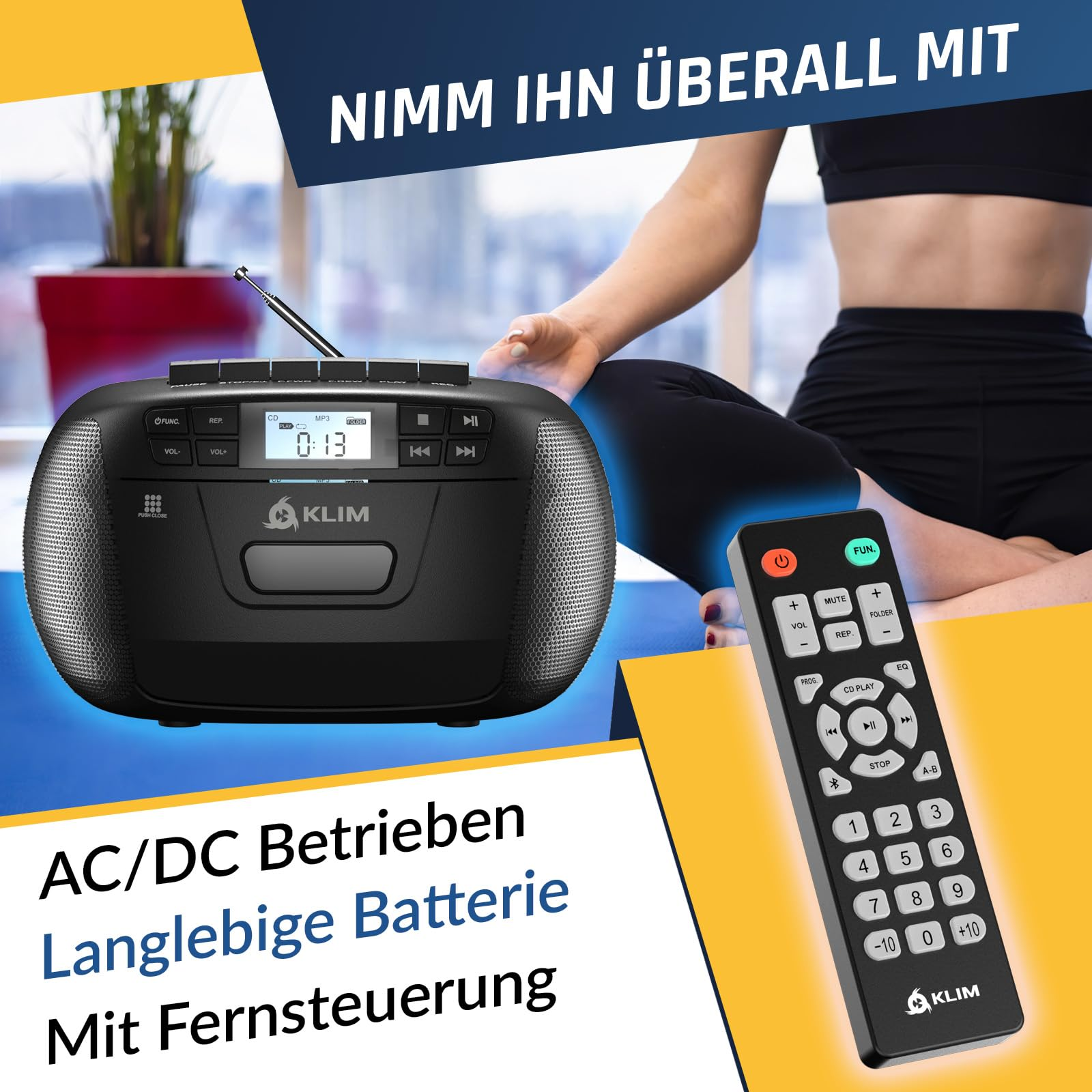 Ein schwarzer KLIM Ghettoblaster und Fernbedienung mit deutschem Text, neben einer meditierenden Person.