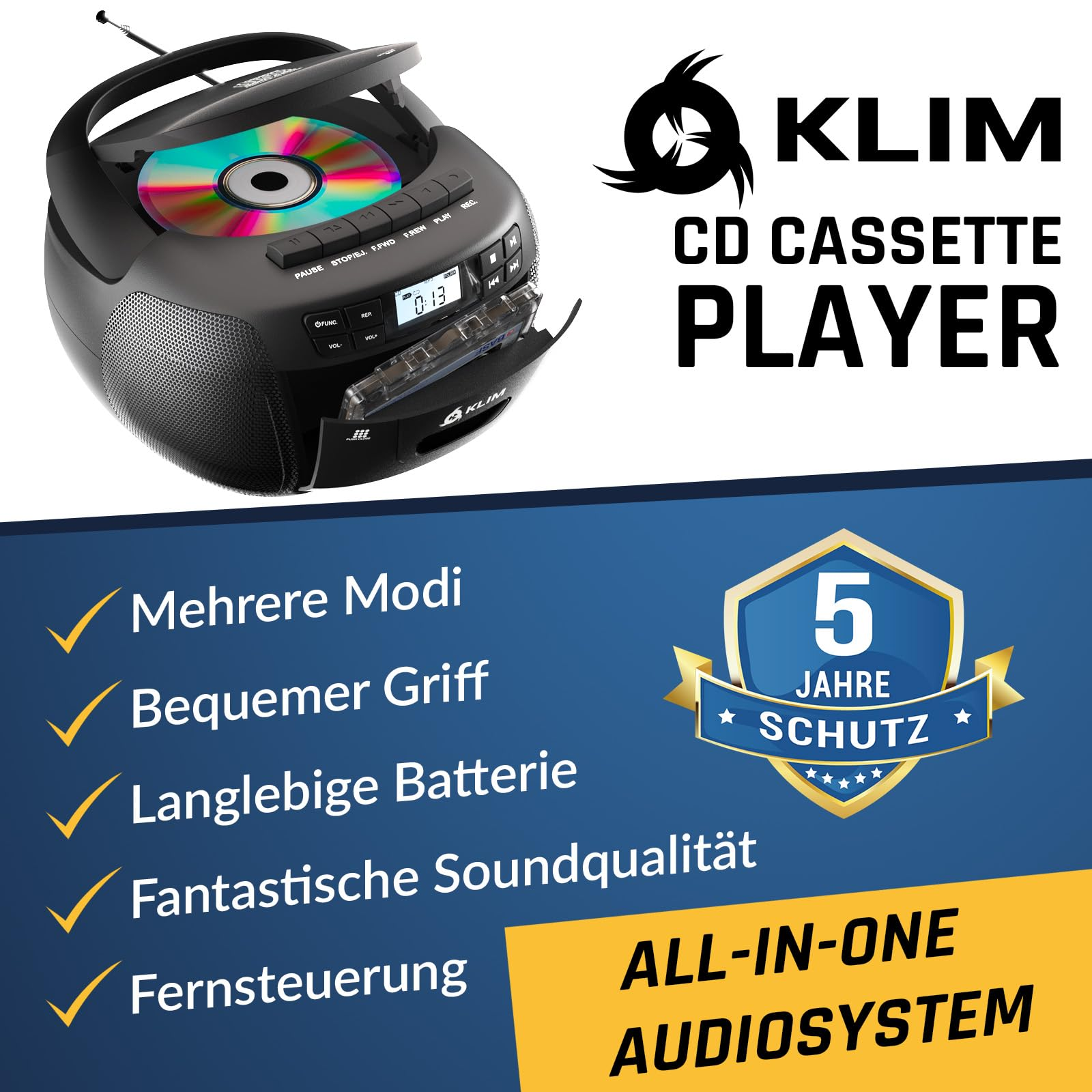 Schwarzer KLIM CD-Kassetten-Player mit blauer Werbetafel und Text auf Deutsch.
