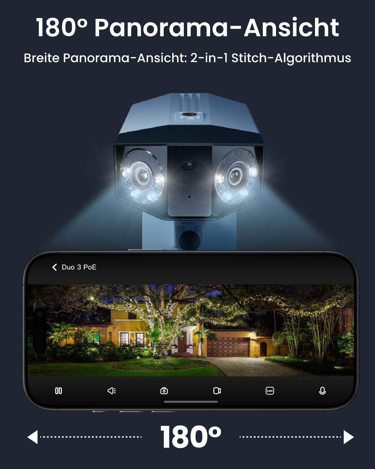 Telecamera di sicurezza a doppia ottica con smartphone che mostra una casa illuminata di notte.