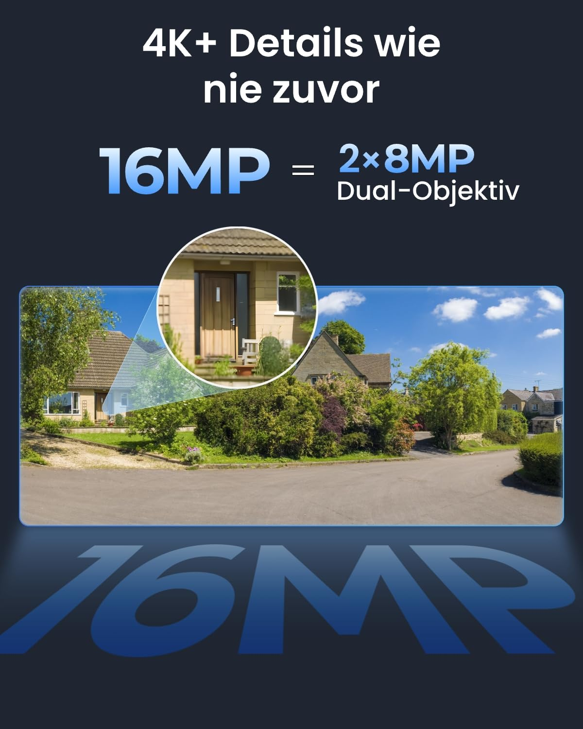 Grafica promozionale mostra doppia lente da 16MP con zoom su una casa e dettagli 4K.