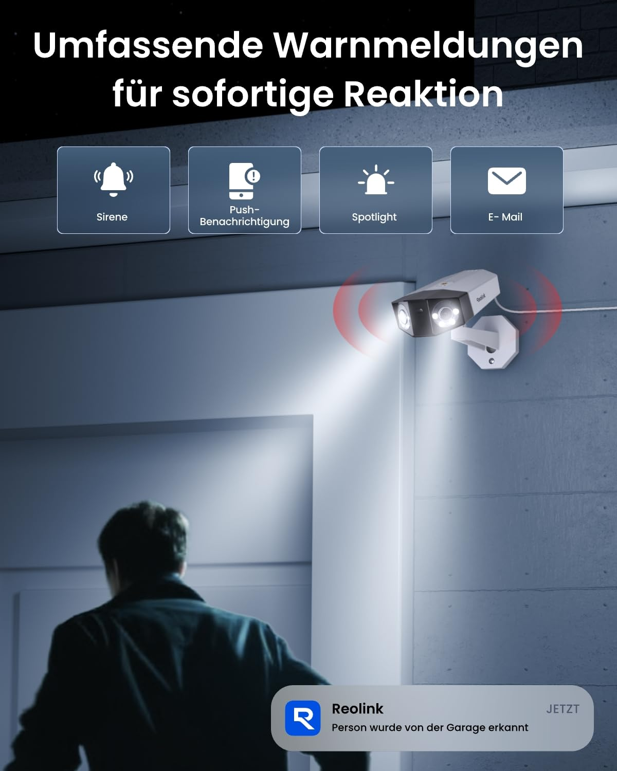 Telecamera di sicurezza con faretto illumina una persona di notte, mostrando icone per sirena, push, faretto ed e-mail.
