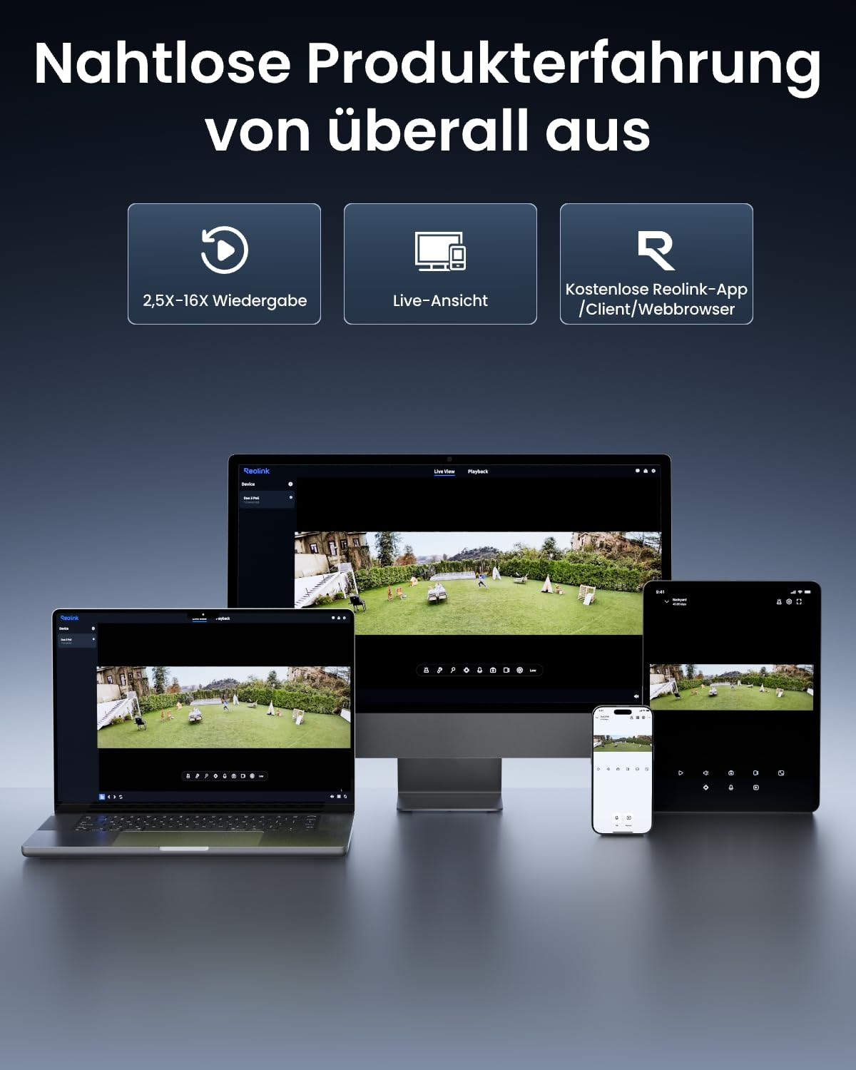 Vista multi-dispositivo con l'app Reolink su laptop, monitor, smartphone e tablet.