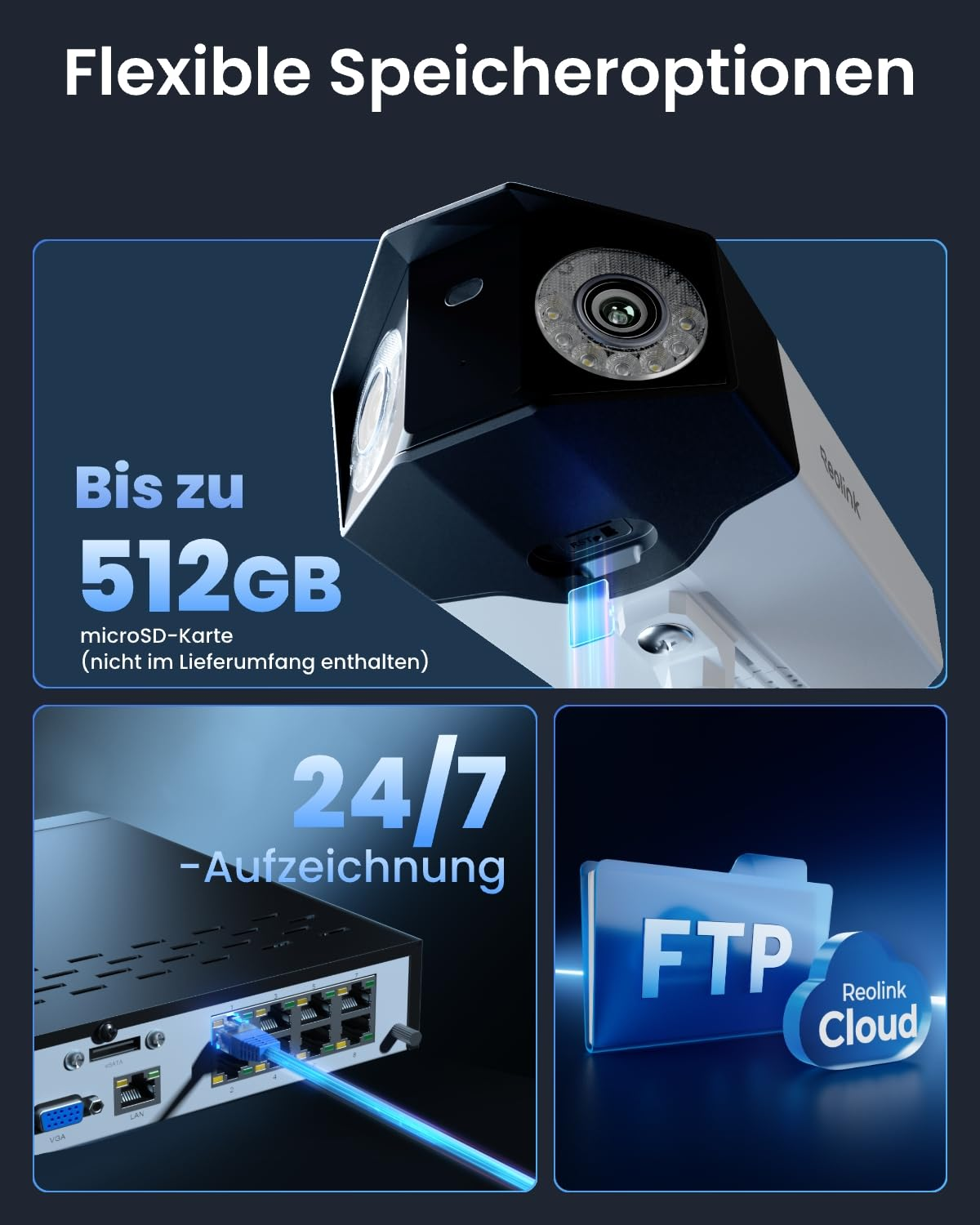 Telecamera di sicurezza con microSD da 512GB, registrazione 24/7, FTP e Reolink Cloud.