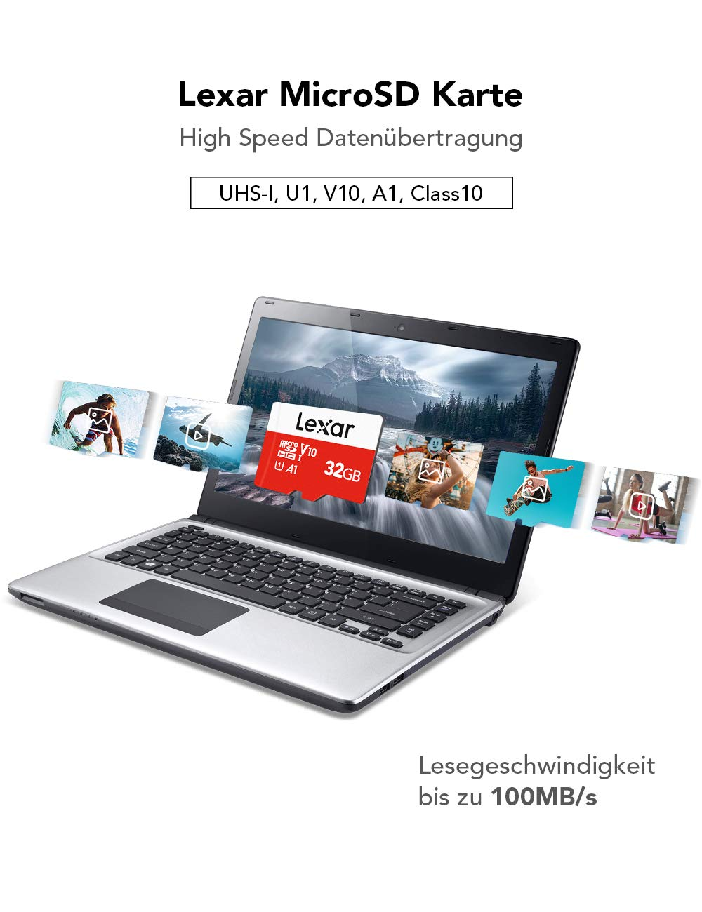 Un ordinateur portable affiche une carte MicroSD Lexar et des photos.