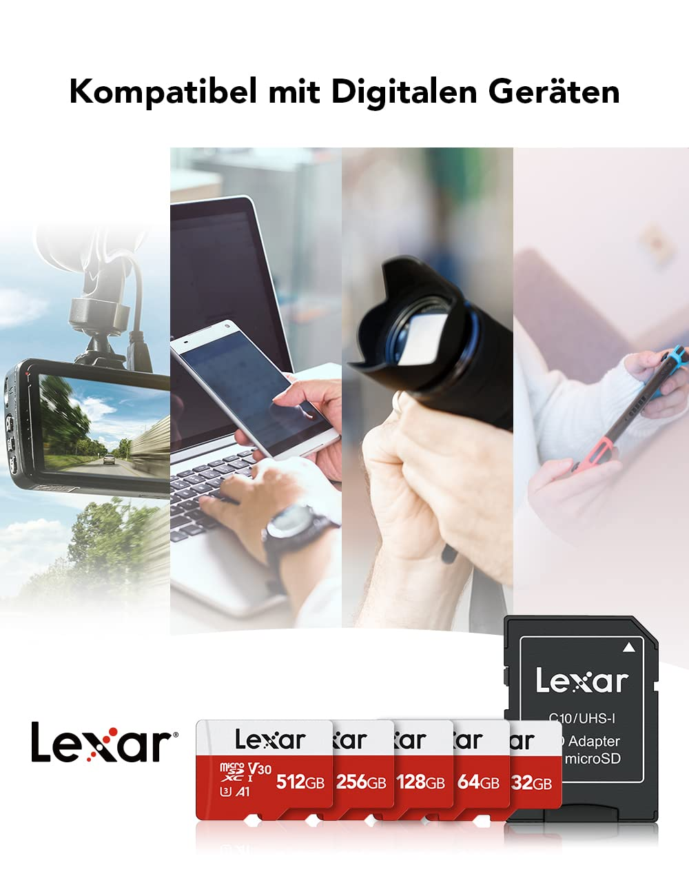 Cartes microSD Lexar de différentes capacités, compatibles avec des appareils numériques tels que caméras et ordinateurs.