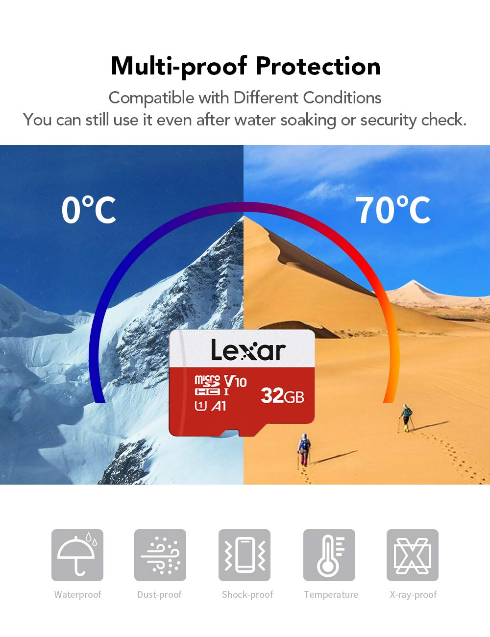 Carte MicroSD Lexar 32 Go avec protection multi-résistances extrême.