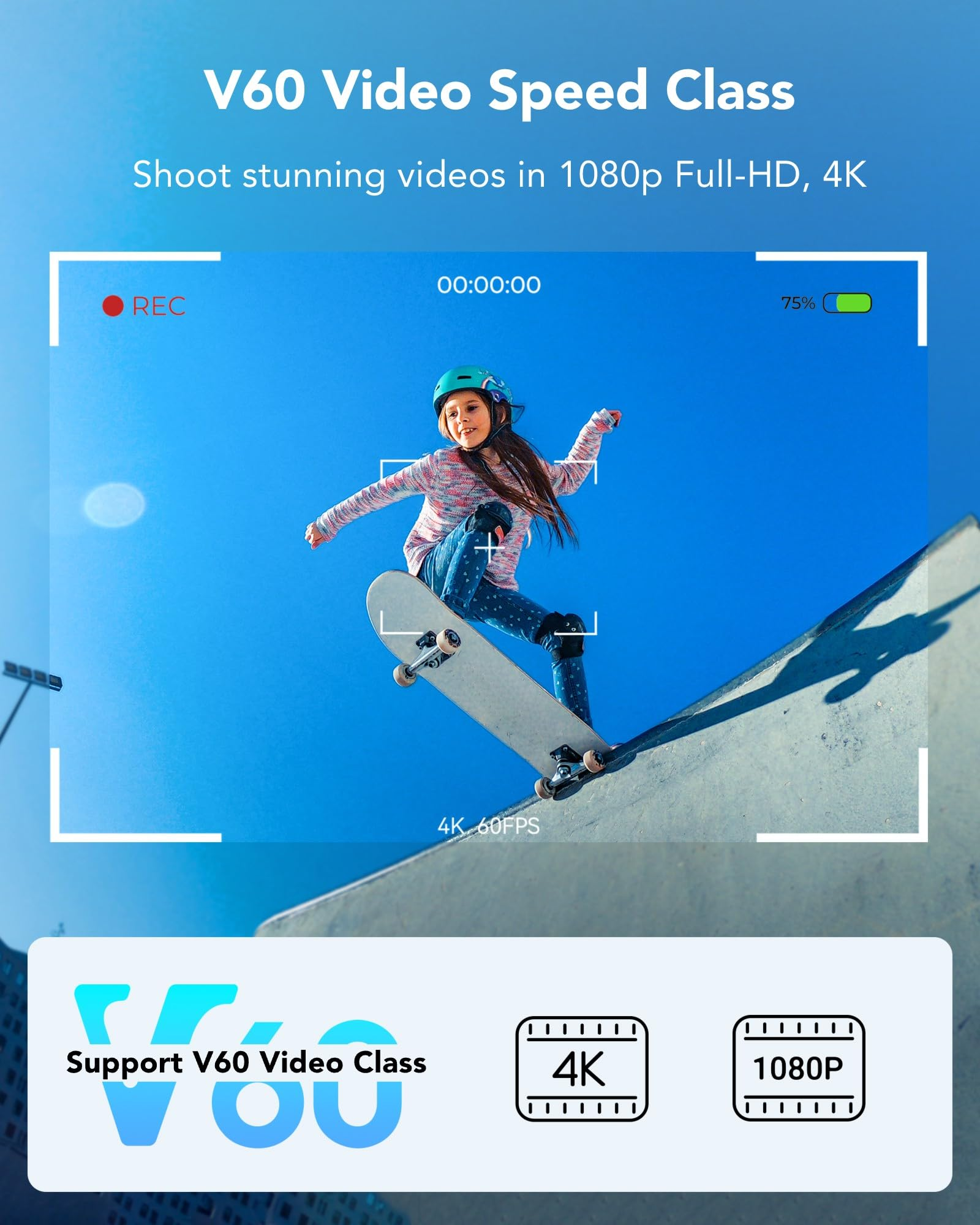 Une fille casquée fait du skateboard sur une rampe sous un ciel bleu avec interface de caméra et texte V60.