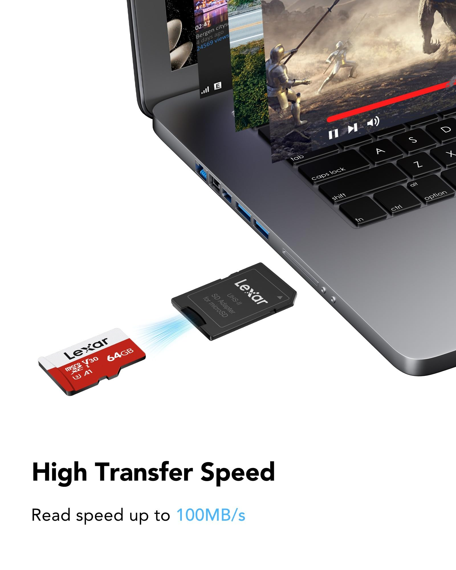 Une carte microSD Lexar 64 Go insérée dans un adaptateur SD de portable, avec texte de vitesse élevée.