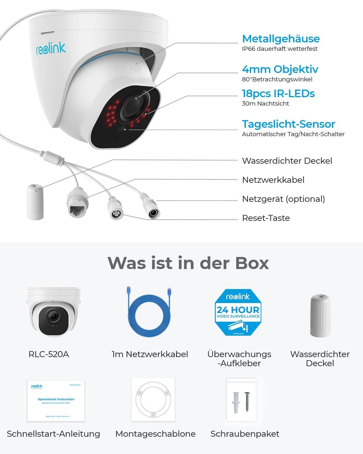 Schema di una telecamera di sicurezza Reolink che mostra caratteristiche, cavi e accessori inclusi.