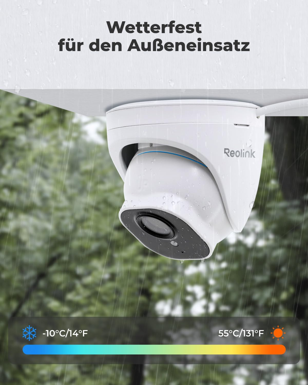 Telecamera di sicurezza Reolink bianca resistente alle intemperie sotto la pioggia con range -10°C-55°C.