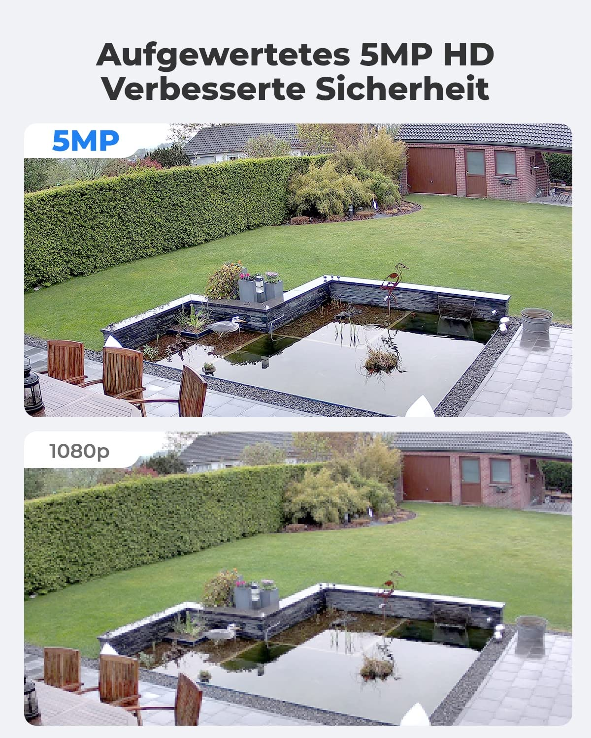 Immagine di confronto che mostra un giardino con laghetto in risoluzione 5MP e 1080p.