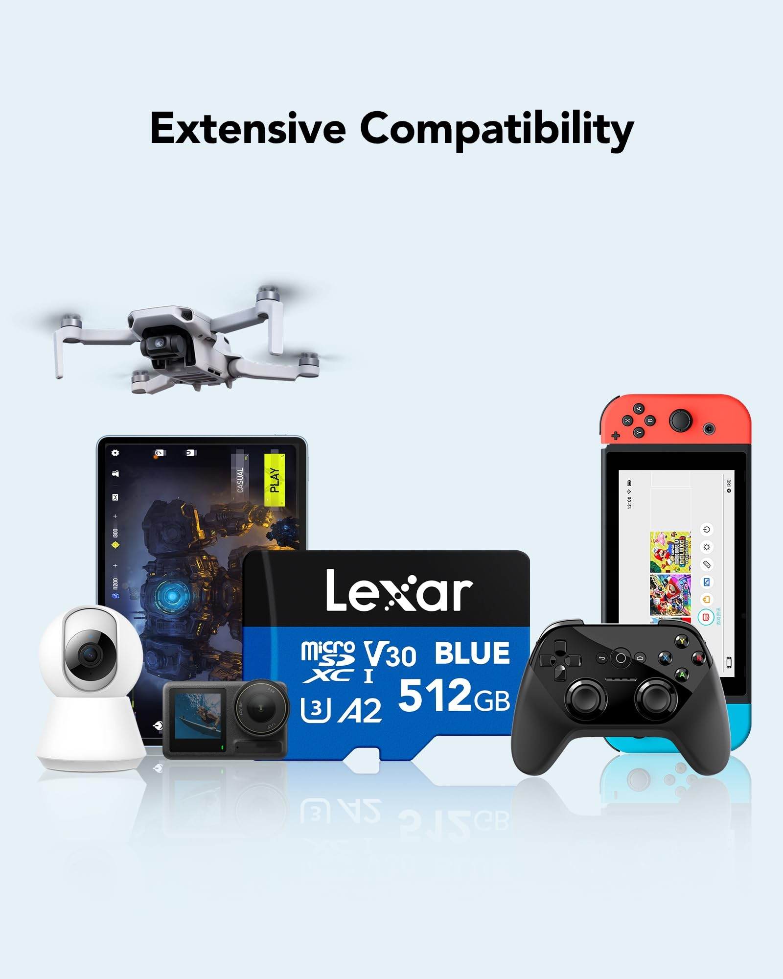 Une carte microSD Lexar 512 Go entourée d'un drone, tablette, caméra, caméra de sécurité, manette et console.