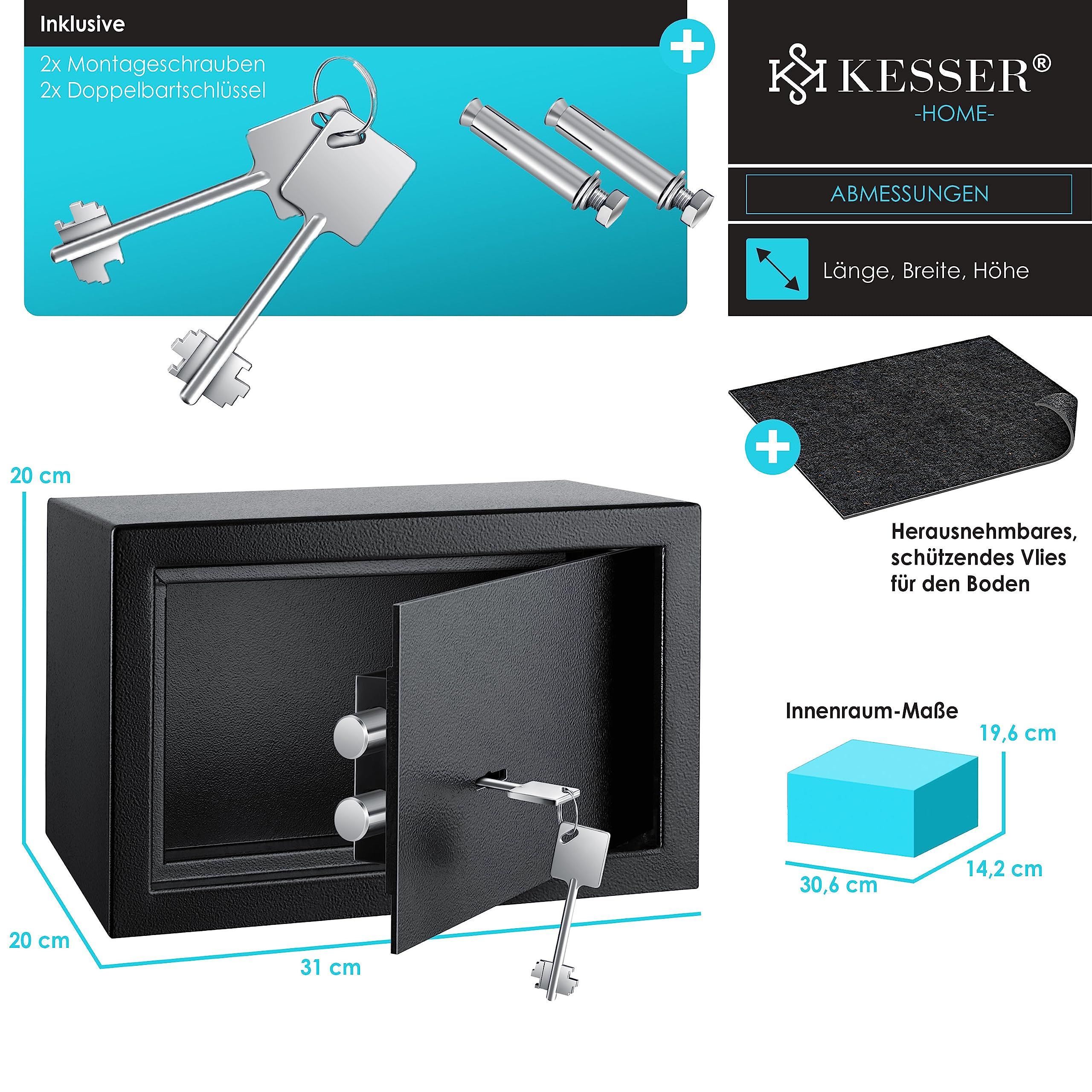 Coffre-fort noir Kesser avec accessoires, clés, vis, tapis polaire et dimensions.