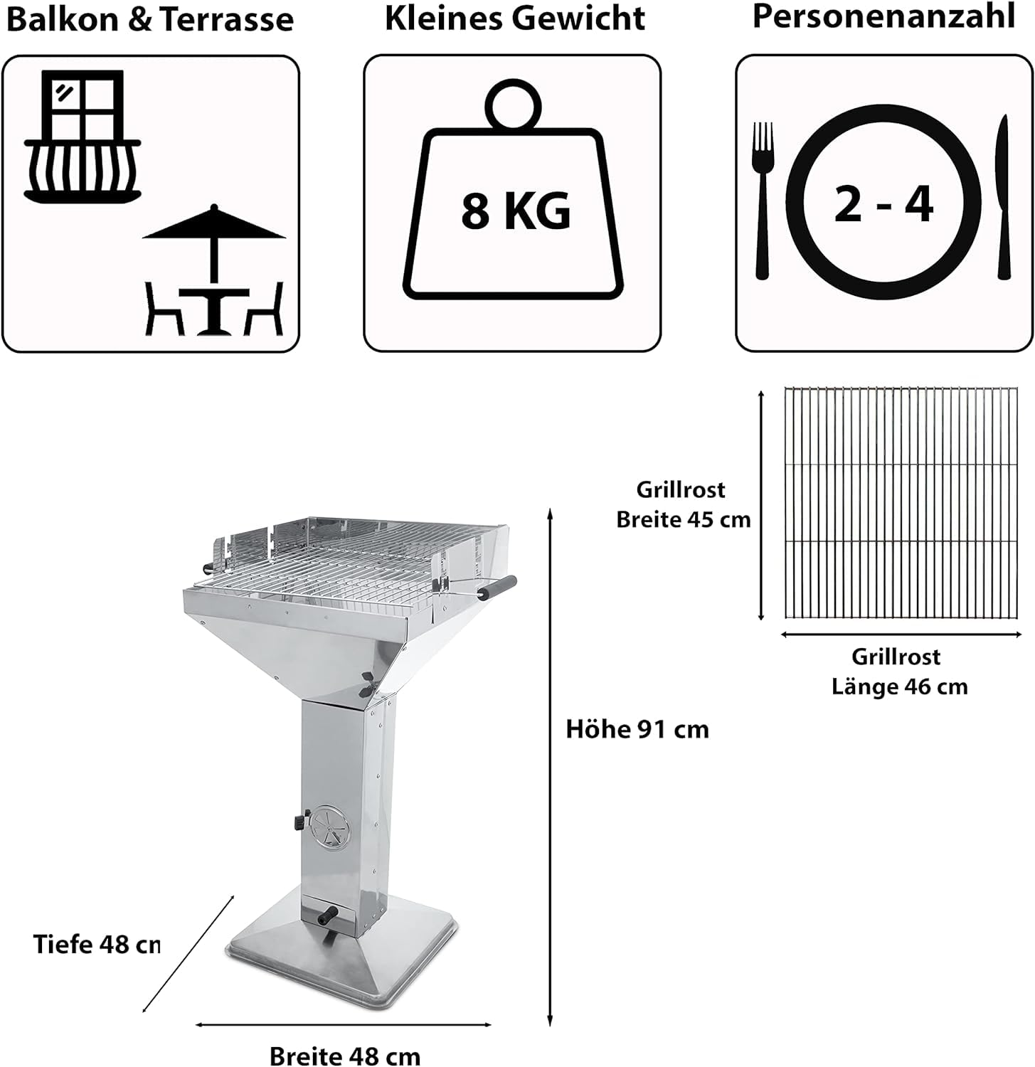 Griglia a colonna in acciaio inossidabile con dimensioni, peso, capacità e idoneità per balcone e terrazza.