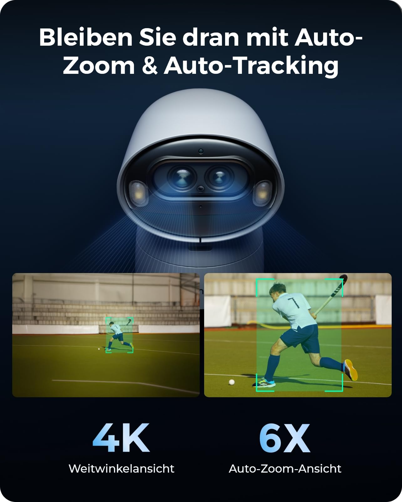 Telecamera di sicurezza con zoom e tracciamento automatico, viste grandangolo 4K e zoom 6X.