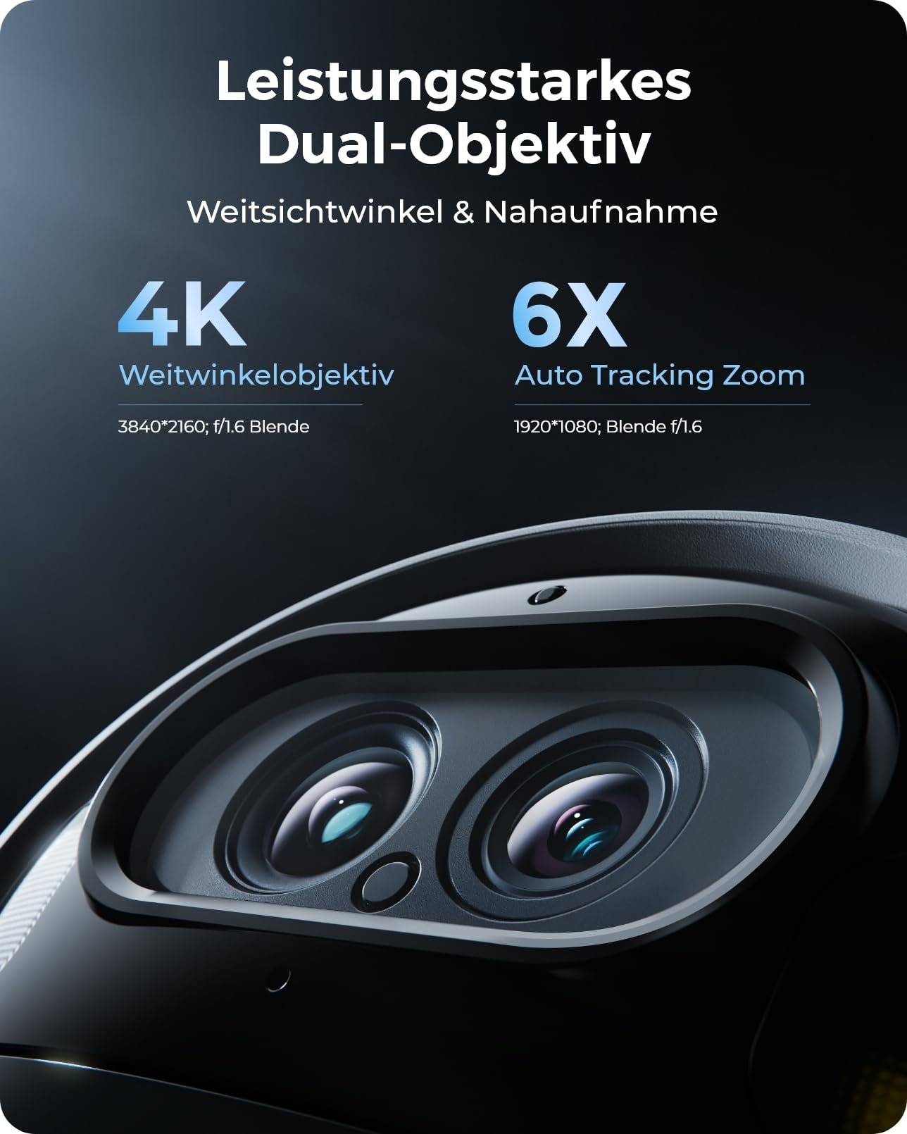 Immagine promozionale di una telecamera di sicurezza nera con potente doppia lente, grandangolo 4K e zoom 6X.