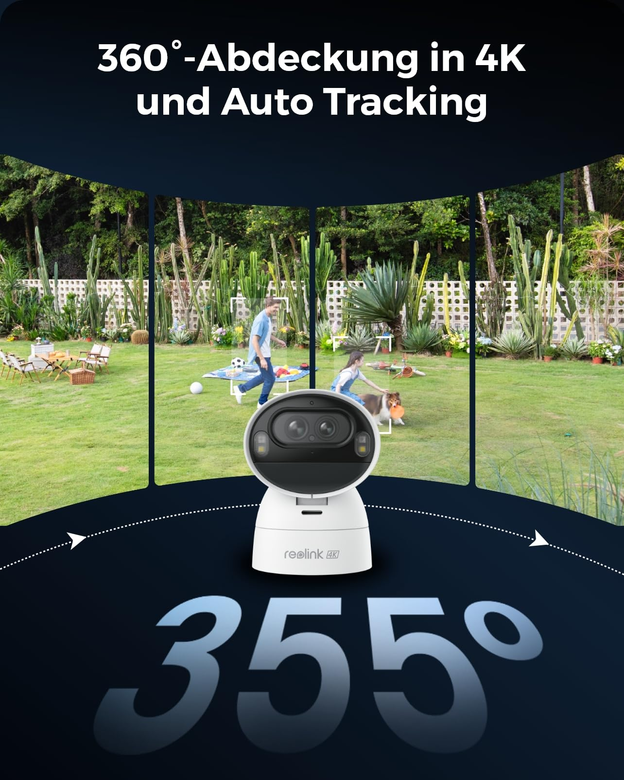 Una telecamera di sicurezza Reolink 4K bianca in un giardino mostra persone e cani che giocano a 360 gradi.