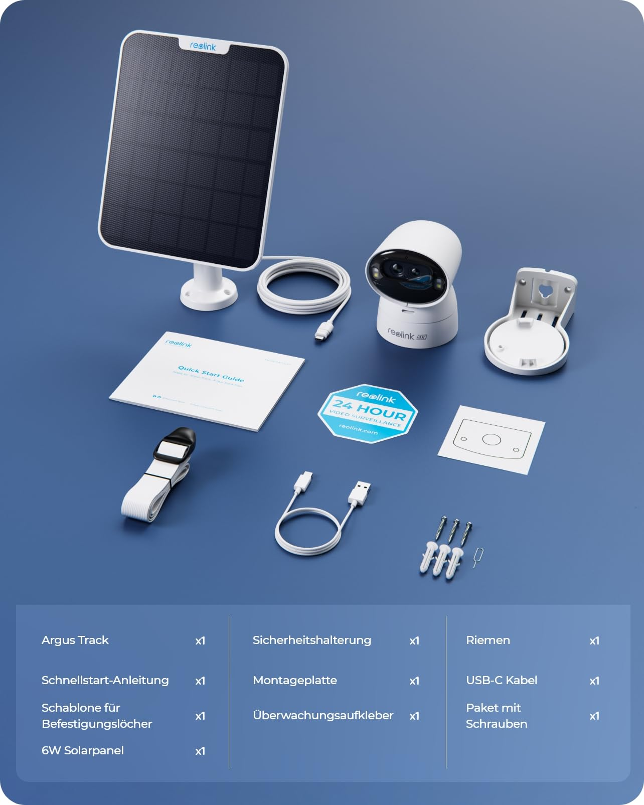 Kit telecamera di sicurezza con pannello solare, supporto, cavi, manuale, adesivo e viti su sfondo blu.