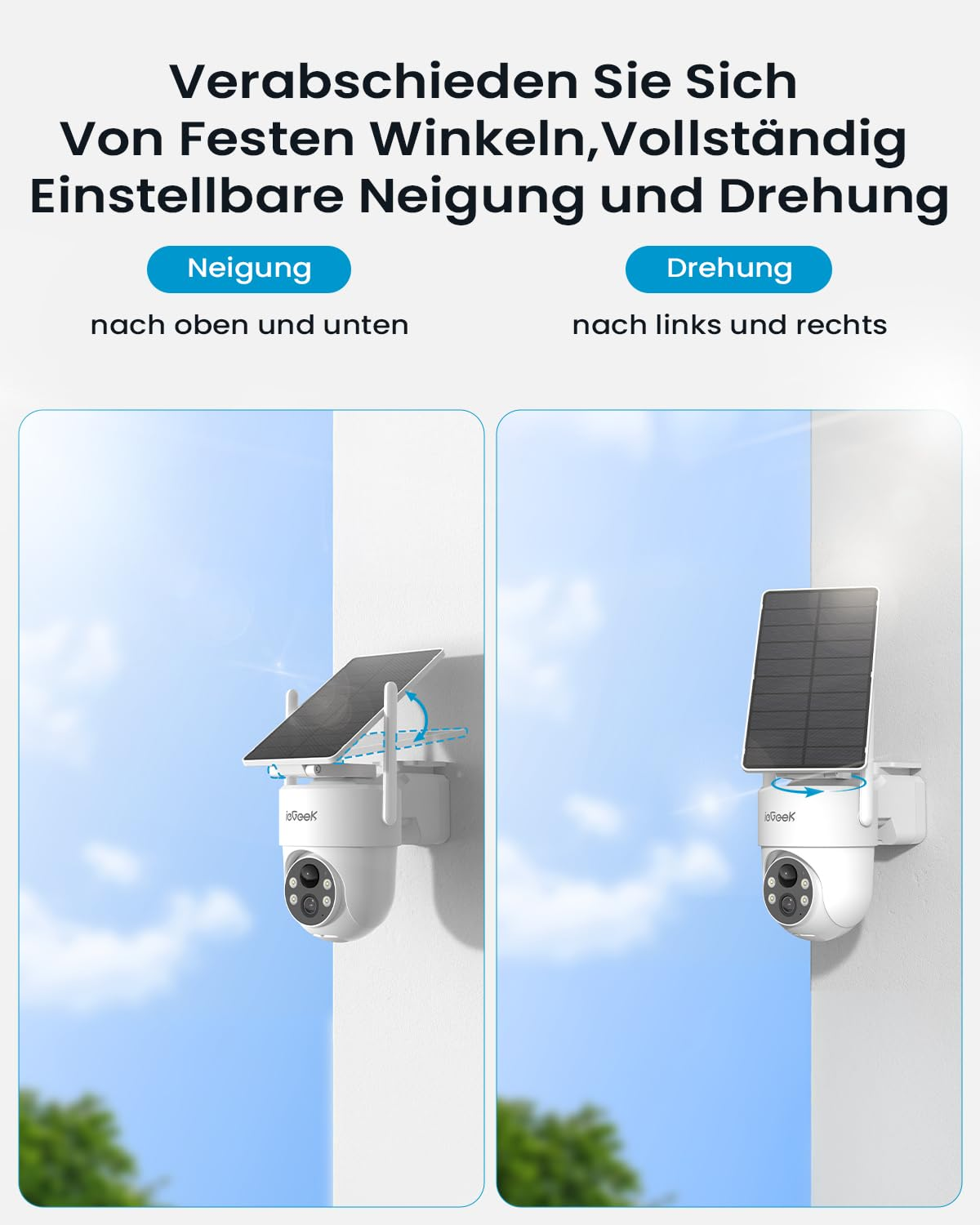 Pubblicità di una telecamera di sicurezza con pannello solare regolabile, inclinazione e rotazione.