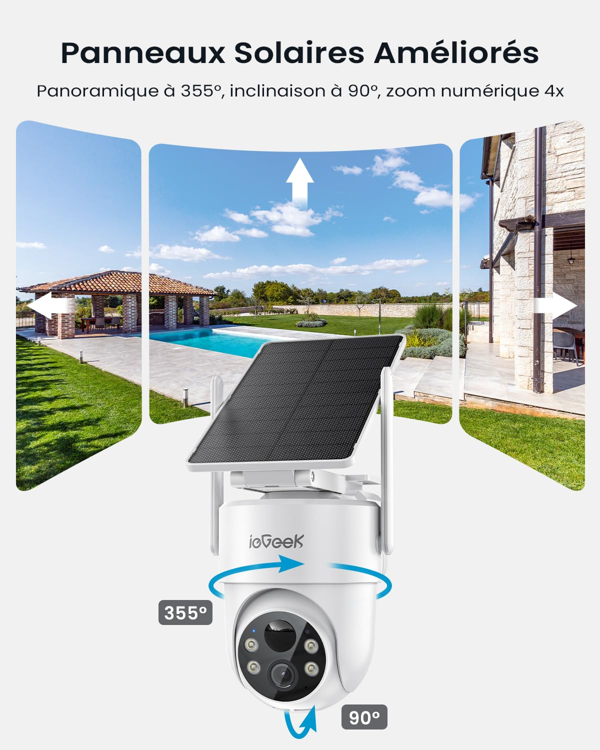 Telecamera di sicurezza da esterno con pannello solare e rotazione a 355 gradi.