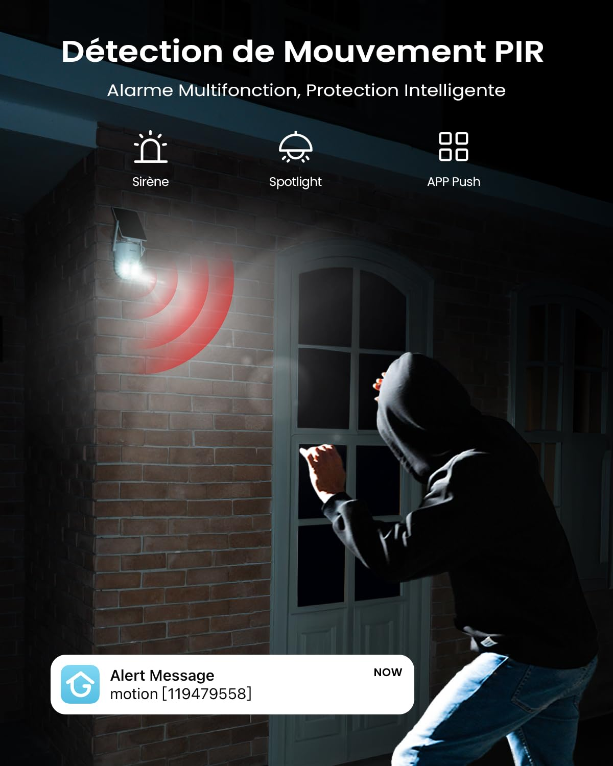 Un ladro si avvicina a una porta mentre una telecamera di sicurezza PIR emette luce radar rossa.