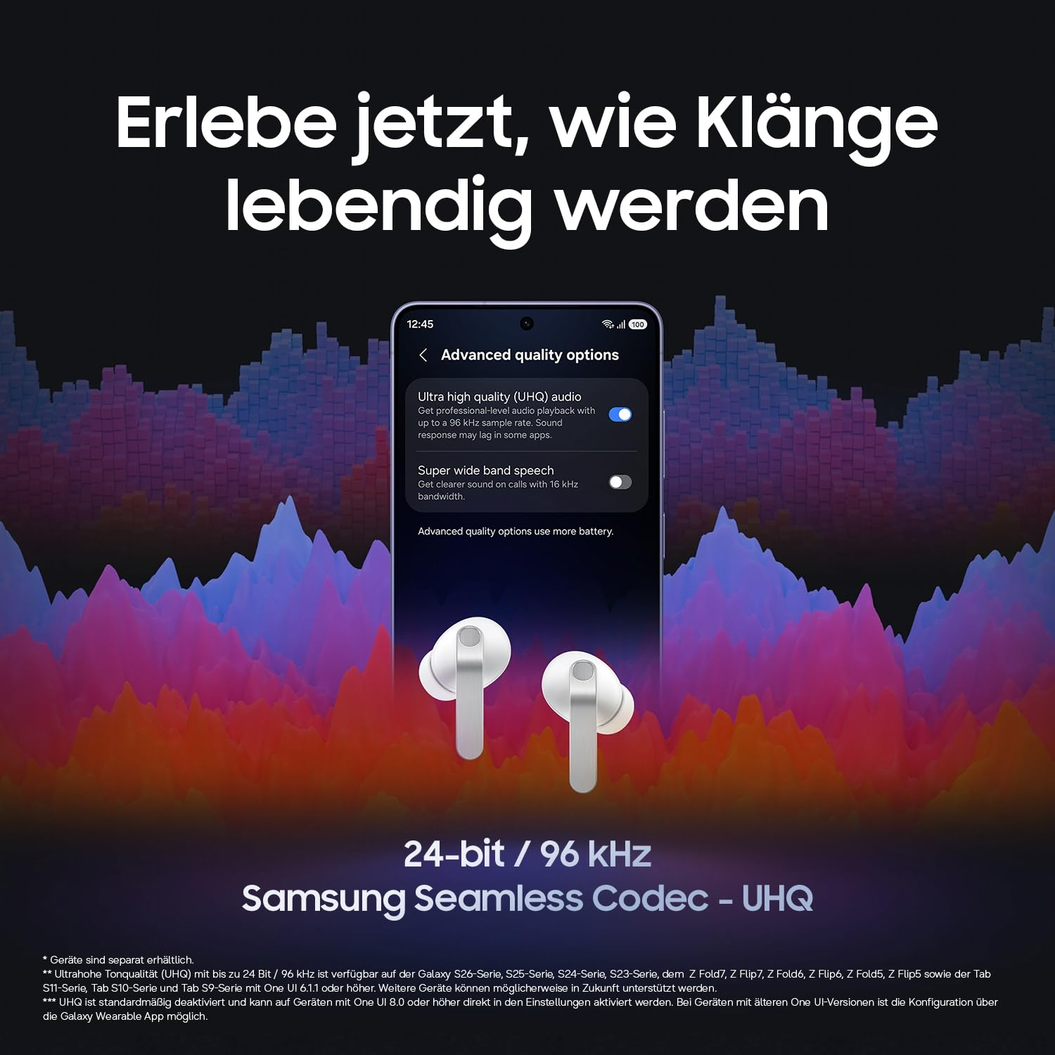 Smartphone con impostazioni audio, auricolari wireless e onde sonore colorate sullo sfondo.